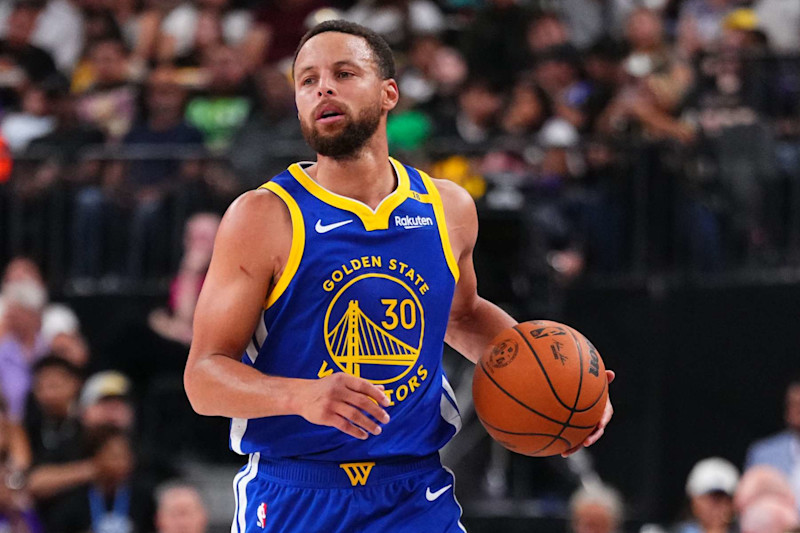 LAS VEGAS, NV - OCTOBER 15: Stephen Curry #30 of the Golden State Warriors dribbles the ball during the game against the Los Angeles Lakers during the 2024 NBA Preseason on October 15, 2024 at T-Mobile Arena in Las Vegas, Nevada. NOTE TO USER: User expressly acknowledges and agrees that, by downloading and or using this photograph, User is consenting to the terms and conditions of the Getty Images License Agreement. Mandatory Copyright Notice: Copyright 2024 NBAE  (Photo by Jeff Bottari/NBAE via Getty Images)