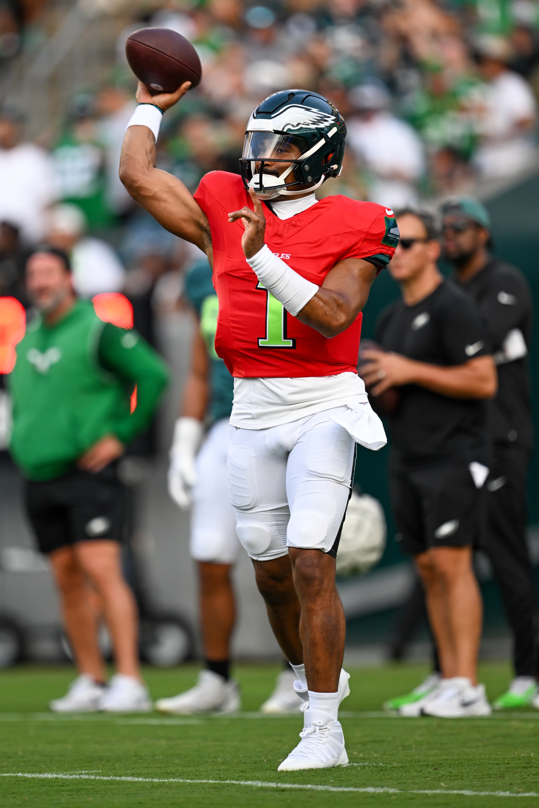 PHILADELPHIA, PA - AUGUST 01: Philadelphia Eagles quarterback Jalen Hurts (1) throws the ball during Eagles training camp on August 1, 2024, at Lincoln Financial Field in Philadelphia, PA. (Photo by Terence Lewis/Icon Sportswire via Getty Images)