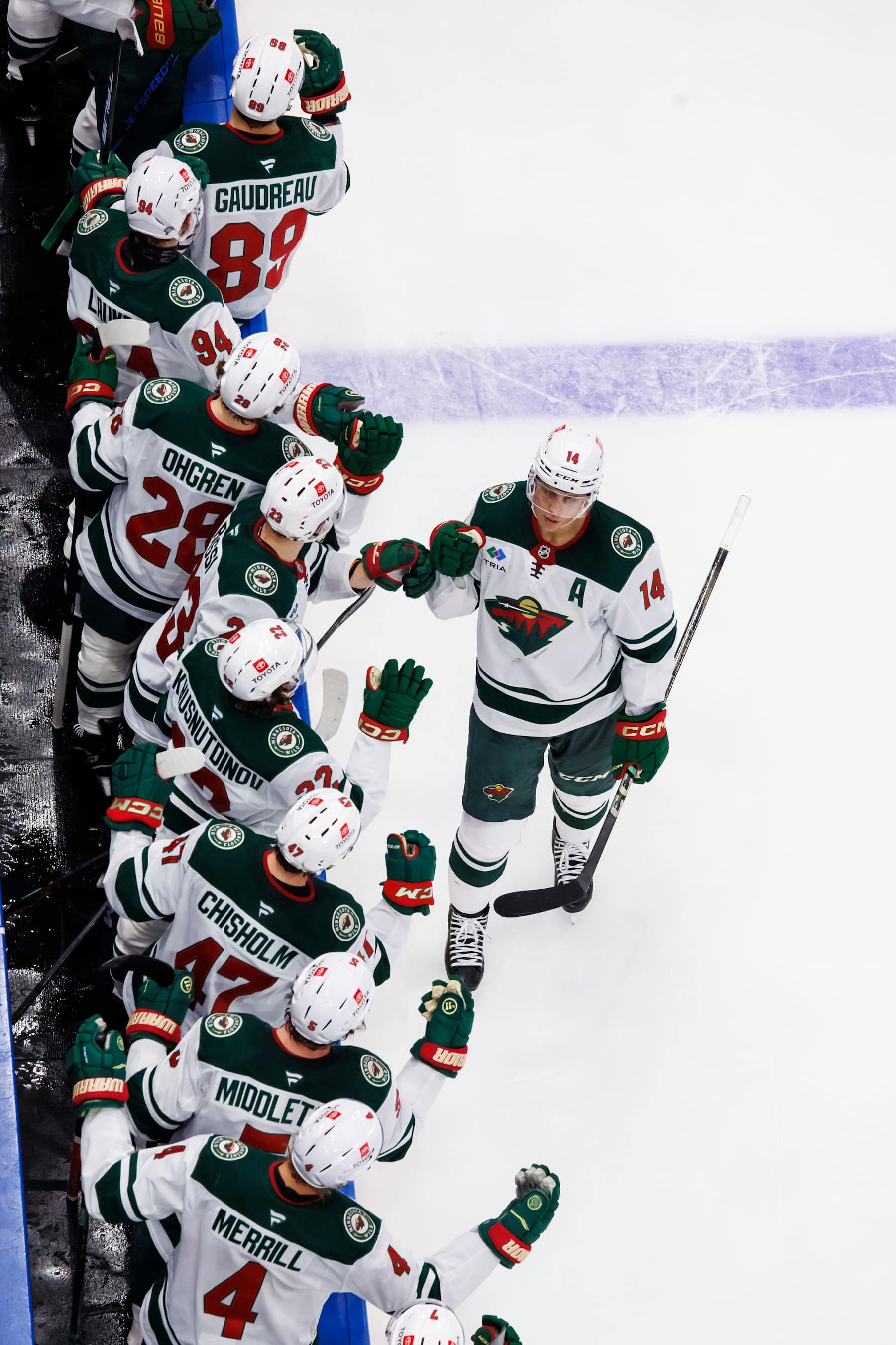 TAMPA, FL - OCTOBER 24: Joel Eriksson Ek #14 of the Minnesota Wild celebrates a goal with teammates against the Tampa Bay Lightning during the second period at Amalie Arena on October 24, 2024 in Tampa, Florida. (Photo by Mike Carlson/NHLI via Getty Images)