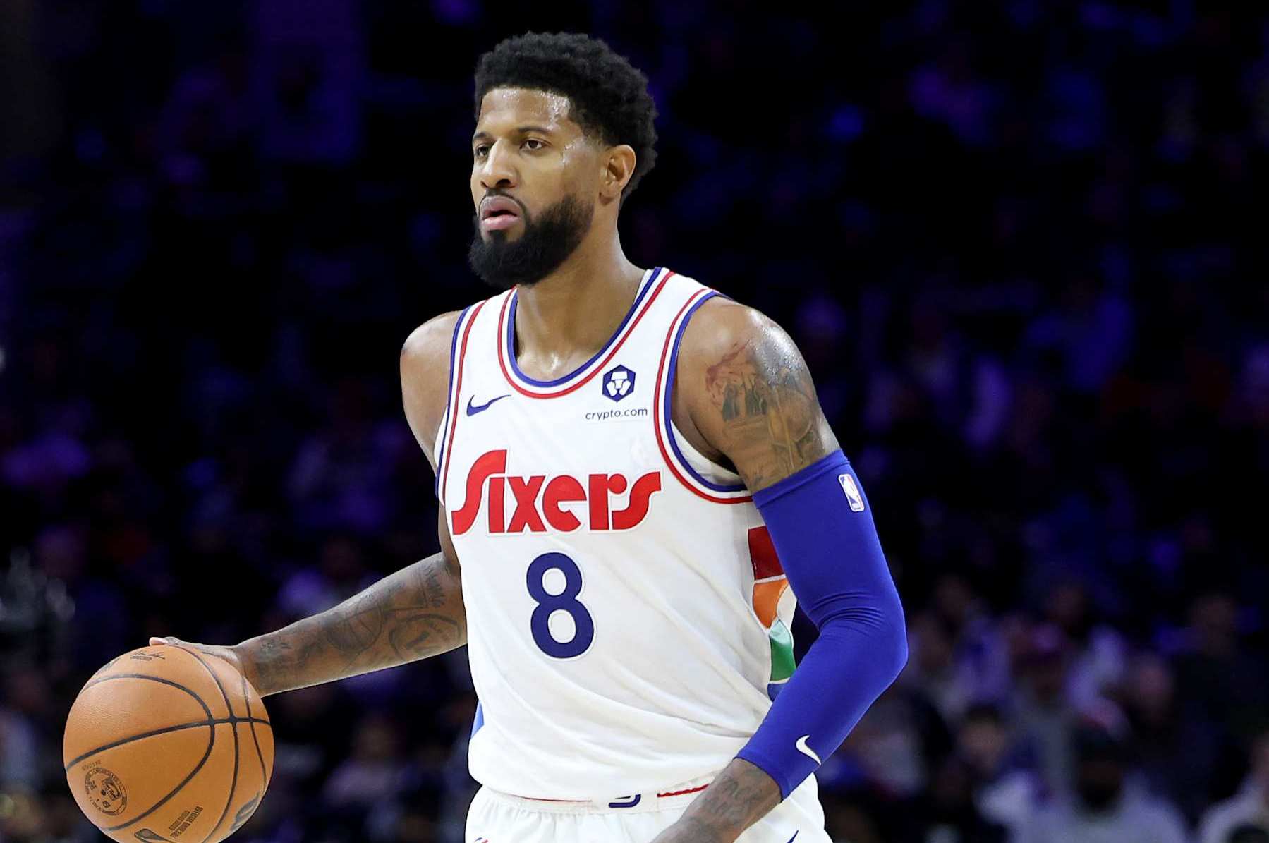 PHILADELPHIA, PENNSYLVANIA - JANUARY 06: Paul George #8 of the Philadelphia 76ers in action during a game against the Phoenix Suns at the Wells Fargo Center on January 06, 2025 in Philadelphia, Pennsylvania. NOTE TO USER: User expressly acknowledges and agrees that, by downloading and or using this photograph, User is consenting to the terms and conditions of the Getty Images License Agreement. (Photo by Emilee Chinn/Getty Images)