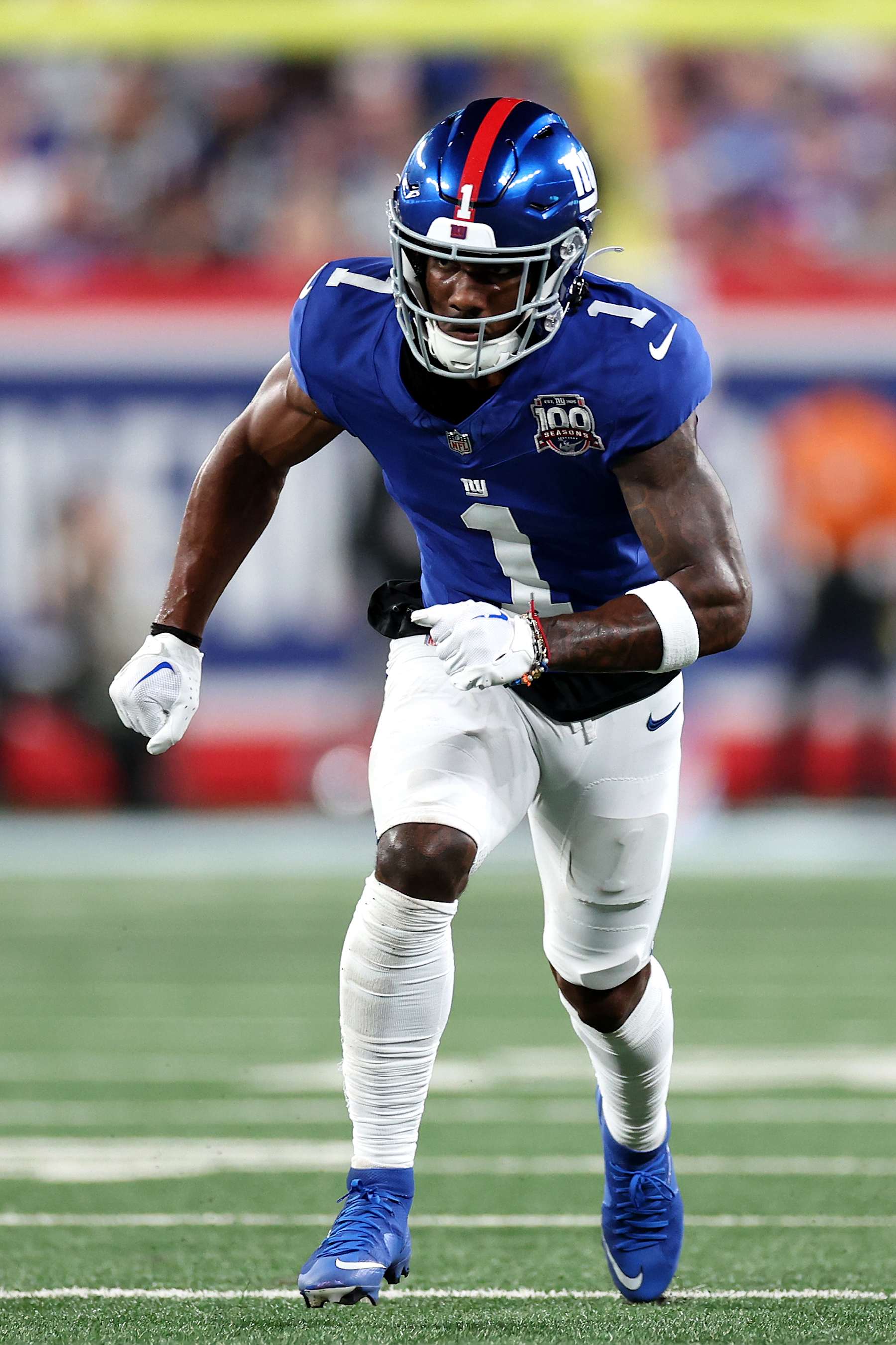 EAST RUTHERFORD, NEW JERSEY - SEPTEMBER 26: Malik Nabers #1 of the New York Giants in action against the Dallas Cowboys at MetLife Stadium on September 26, 2024 in East Rutherford, New Jersey. (Photo by Luke Hales/Getty Images)