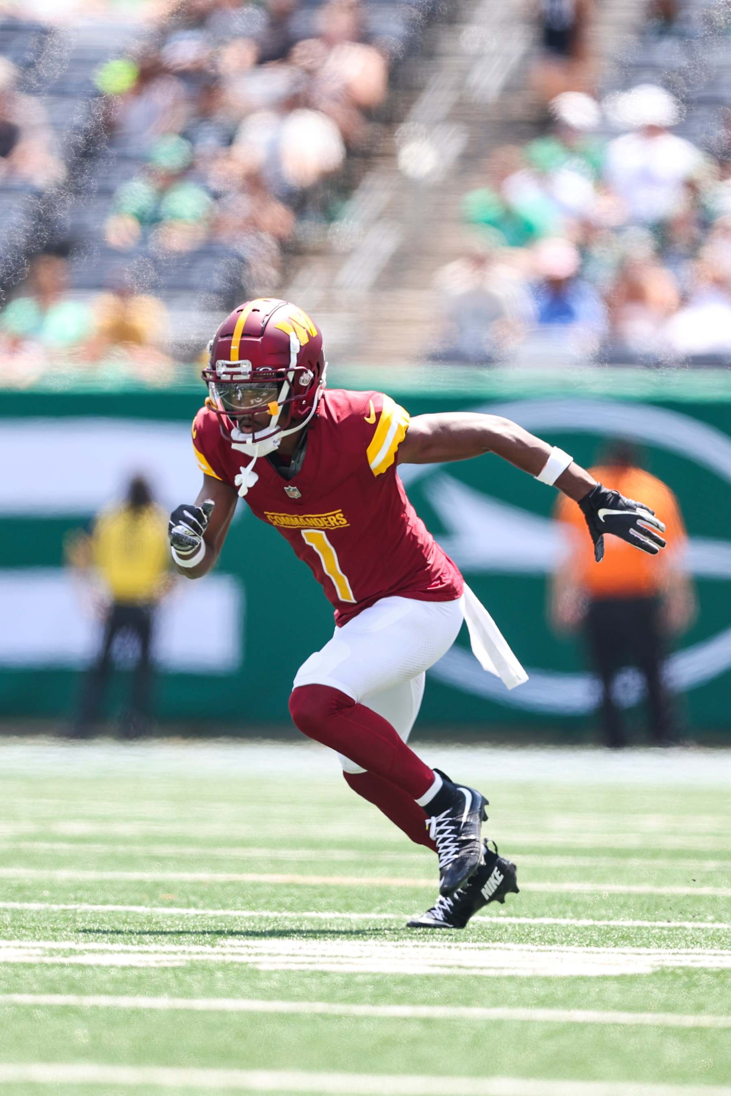 EAST RUTHERFORD, NJ - AUGUST 10: Jahan Dotson #1 of the Washington Commanders runs a route during an NFL football game against the New York Jets at MetLife Stadium on August 10, 2024 in East Rutherford, NJ. (Photo by Perry Knotts/Getty Images)