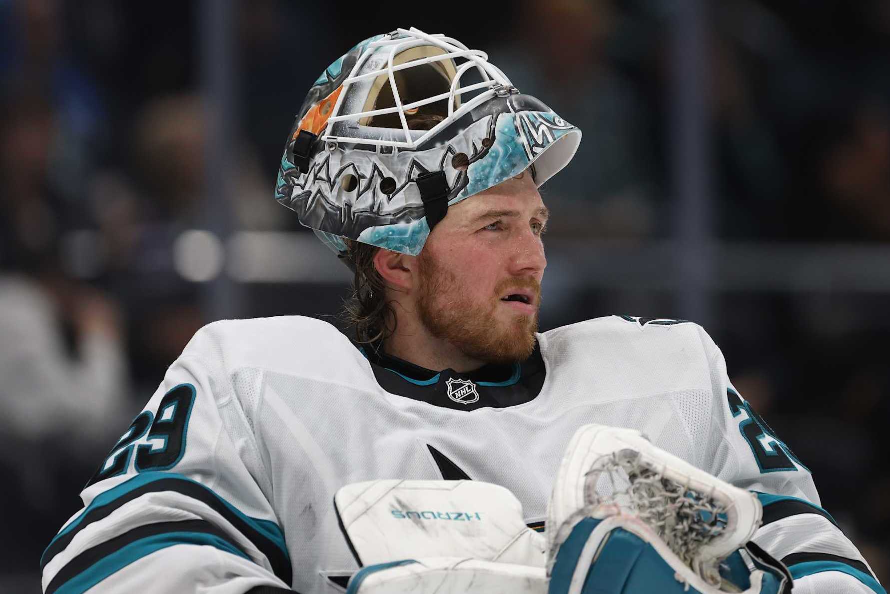 SEATTLE, WASHINGTON - NOVEMBER 30: Mackenzie Blackwood #29 of the San Jose Sharks looks on during the second period against the Seattle Kraken at Climate Pledge Arena on November 30, 2024 in Seattle, Washington. (Photo by Steph Chambers/Getty Images)