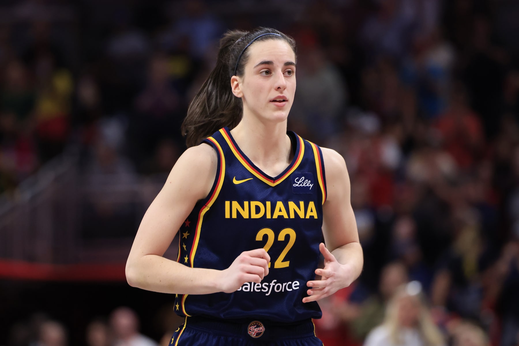 INDIANAPOLIS, INDIANA - MAY 28: Caitlin Clark #22 of the Indiana Fever reacts in the game against the Los Angeles Sparks at Gainbridge Fieldhouse on May 28, 2024 in Indianapolis, Indiana. (Photo by Justin Casterline/Getty Images)