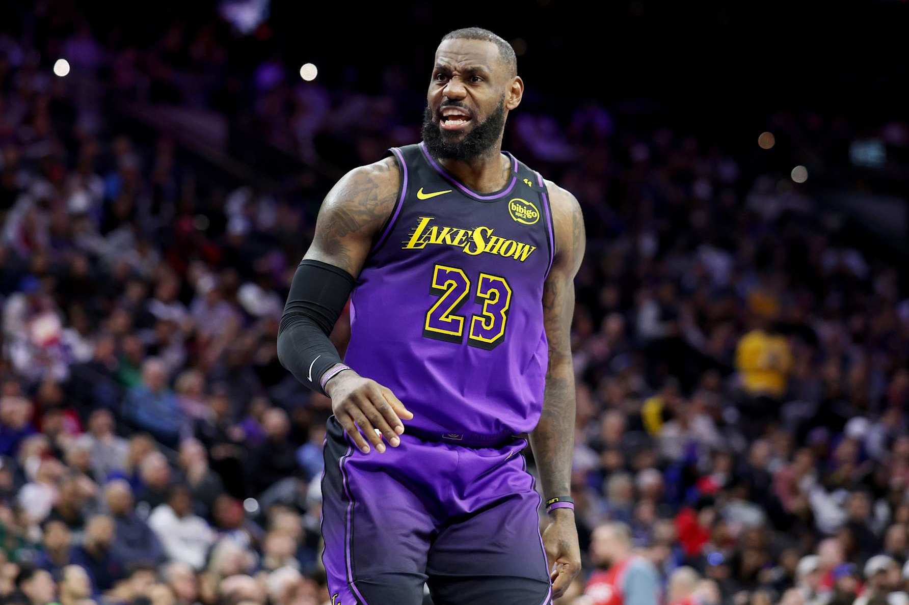 PHILADELPHIA, PENNSYLVANIA - JANUARY 28: LeBron James #23 of the Los Angeles Lakers reacts during a game against the Philadelphia 76ers at the Wells Fargo Center on January 28, 2025 in Philadelphia, Pennsylvania. NOTE TO USER: User expressly acknowledges and agrees that, by downloading and or using this photograph, User is consenting to the terms and conditions of the Getty Images License Agreement. (Photo by Emilee Chinn/Getty Images)
