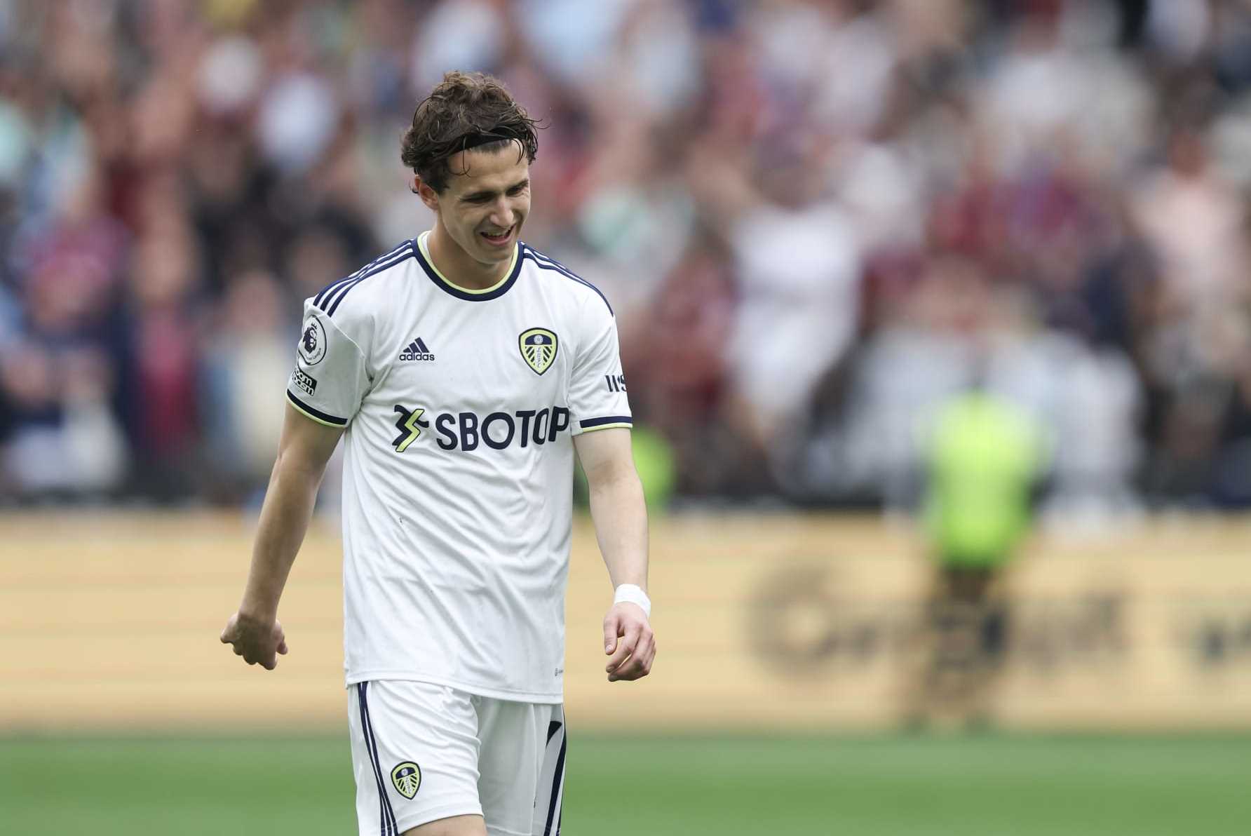 LONDON, ENGLAND - MAY 21: Brenden Aaronson of Leeds United reacts during the Premier League match between West Ham United and Leeds United at London Stadium on May 21, 2023 in London, United Kingdom. (Photo by James Williamson - AMA/Getty Images)