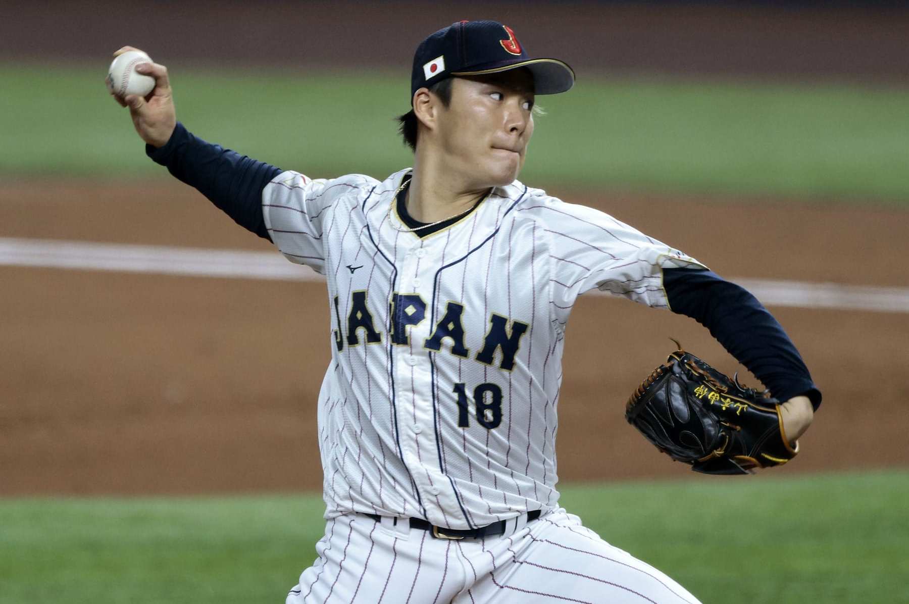 MIAMI, FL - MARCH 20: Yoshinobu Yamamoto #18 of Team Japan pitches during the 2023 World Baseball Classic Semifinal game against Team Mexico at loanDepot Park on Monday, March 20, 2023 in Miami, Florida. (Photo by Christopher Pasatieri/Getty Images)