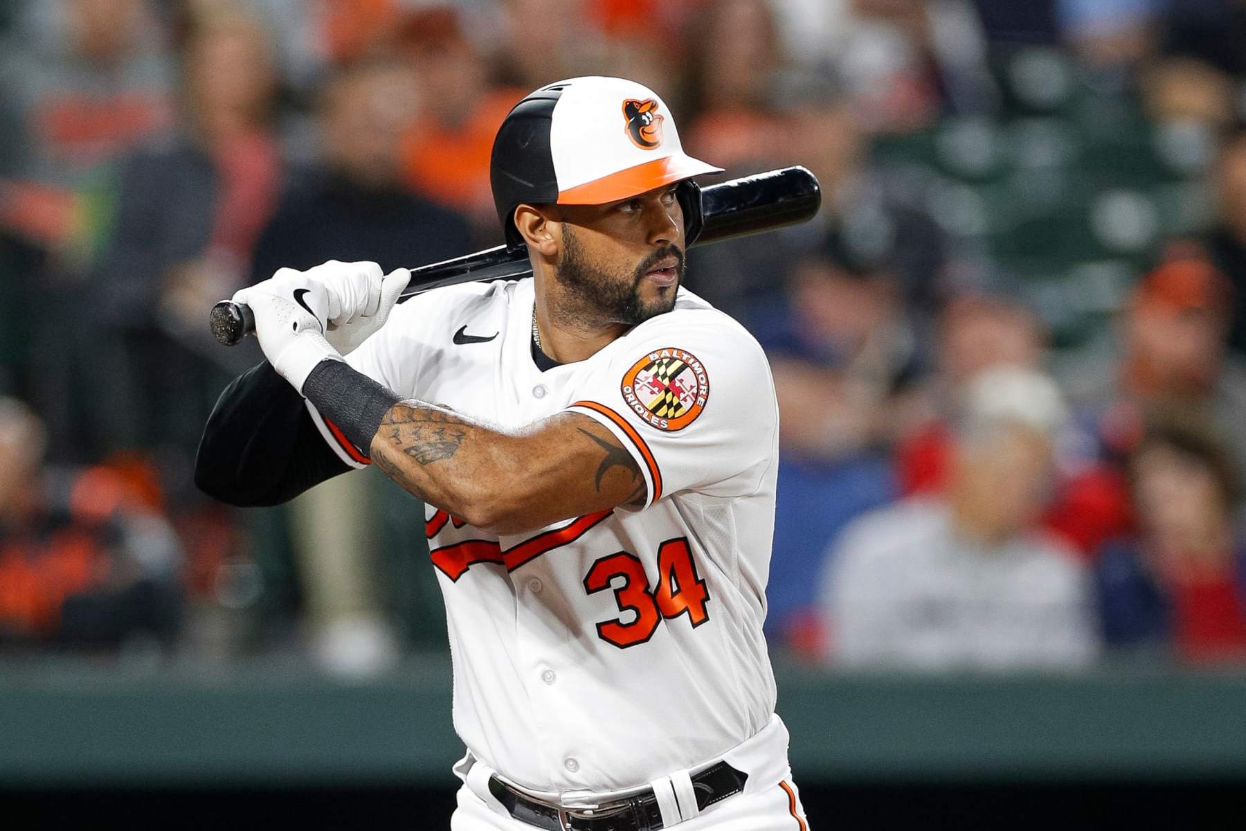 BALTIMORE, MARYLAND - SEPTEMBER 28: Aaron Hicks #34 of the Baltimore Orioles bats in the second inning against the Boston Red Sox at Oriole Park at Camden Yards on September 28, 2023 in Baltimore, Maryland. (Photo by Brandon Sloter/Image Of Sport/Getty Images)