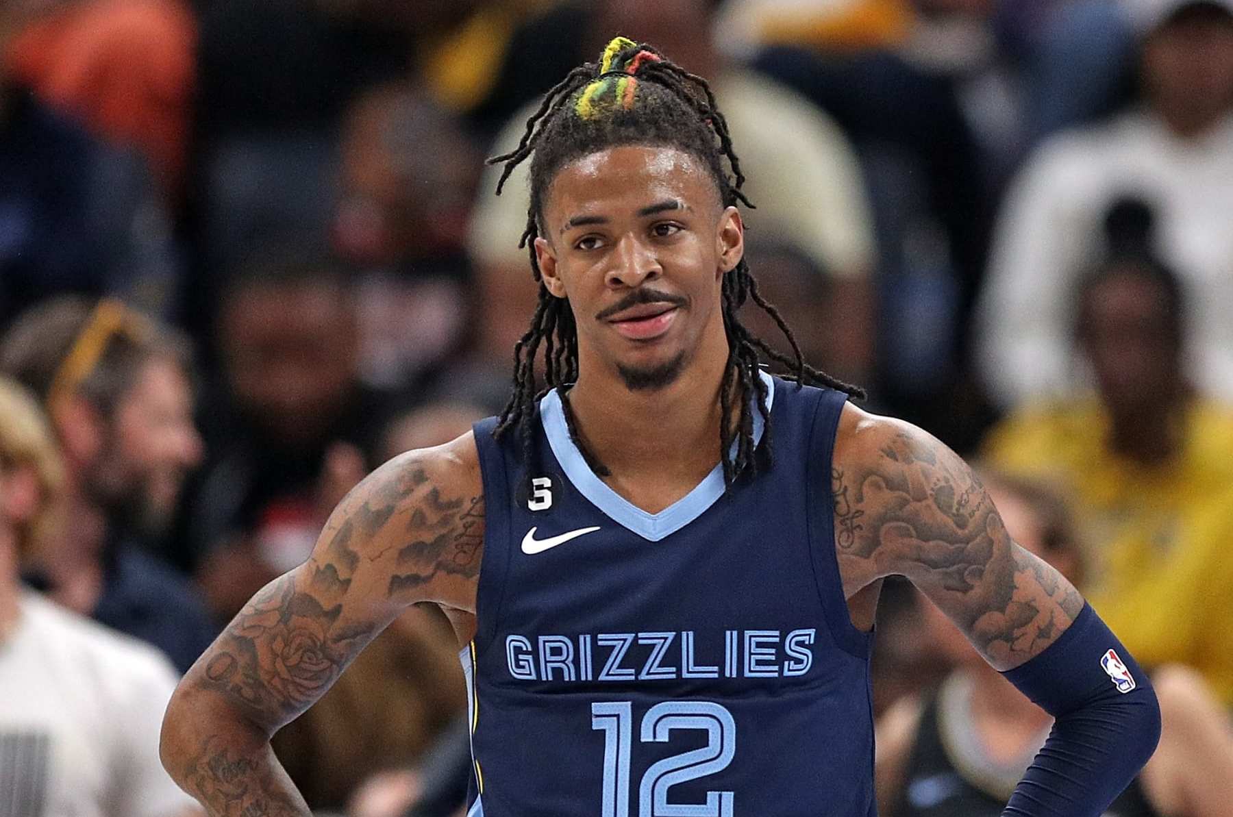MEMPHIS, TENNESSEE - APRIL 16: Ja Morant #12 of the Memphis Grizzlies during the game \L during Game One of the Western Conference First Round Playoffs at FedExForum on April 16, 2023 in Memphis, Tennessee. NOTE TO USER: User expressly acknowledges and agrees that, by downloading and or using this photograph, User is consenting to the terms and conditions of the Getty Images License Agreement. (Photo by Justin Ford/Getty Images) MEMPHIS, TENNESSEE - APRIL 16: Ja Morant #12 of the Memphis Grizzlies during the game \L during Game One of the Western Conference First Round Playoffs at FedExForum on April 16, 2023 in Memphis, Tennessee. NOTE TO USER: User expressly acknowledges and agrees that, by downloading and or using this photograph, User is consenting to the terms and conditions of the Getty Images License Agreement. (Photo by Justin Ford/Getty Images)