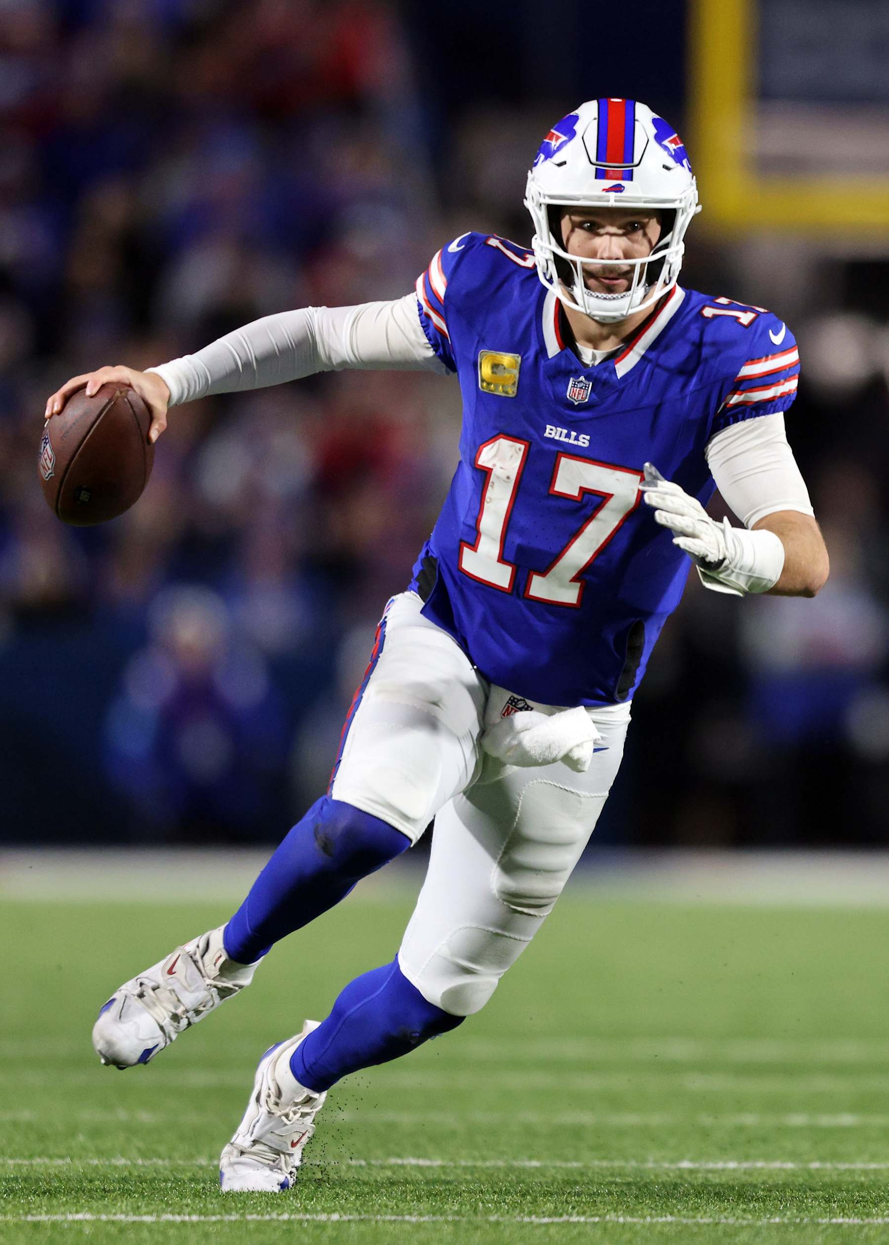 ORCHARD PARK, NEW YORK - NOVEMBER 17: Josh Allen #17 of the Buffalo Bills scores a rushing touchdown against the Kansas City Chiefs during the fourth quarter at Highmark Stadium on November 17, 2024 in Orchard Park, New York. (Photo by Bryan M. Bennett/Getty Images)
