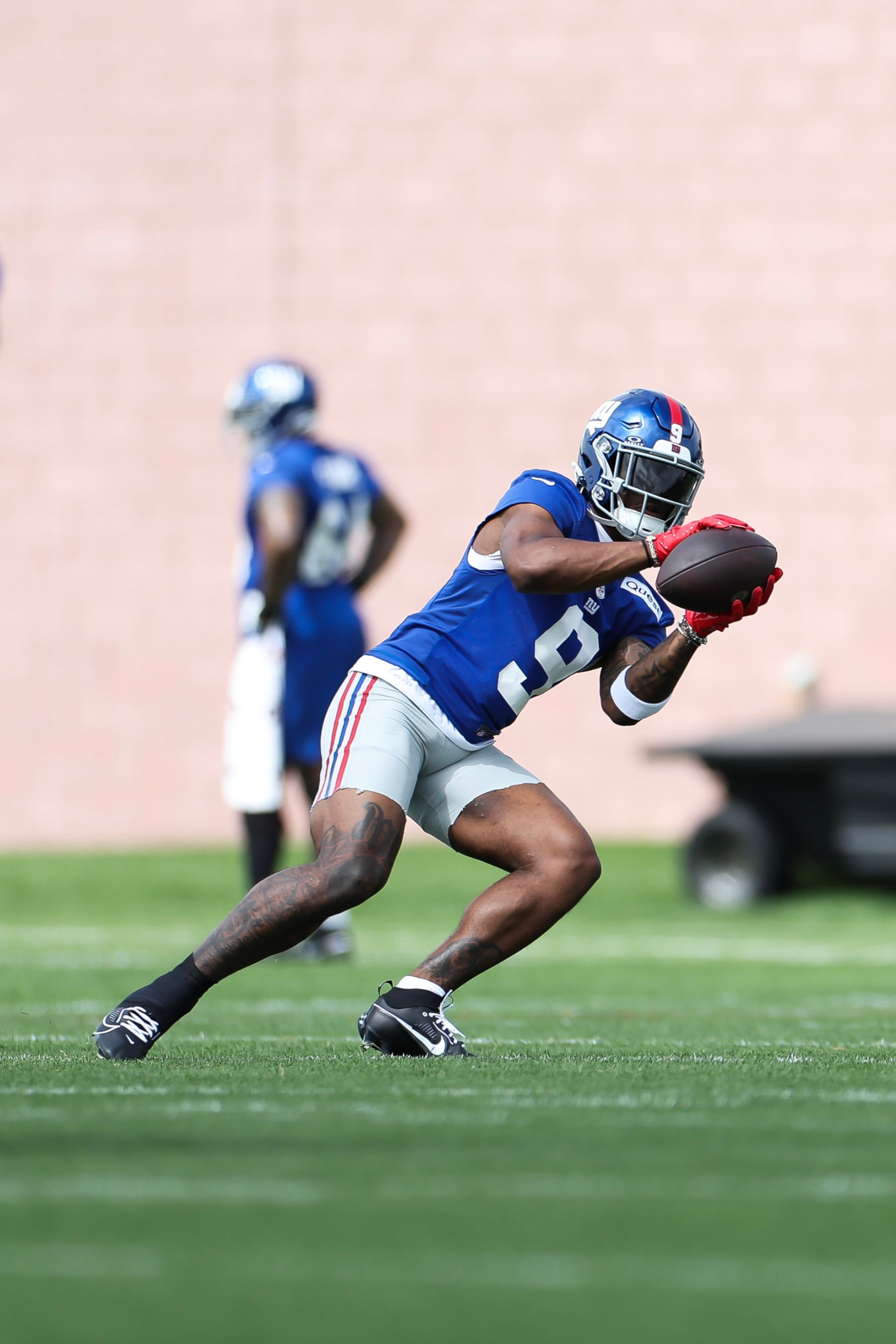 EAST RUTHERFORD, NEW JERSEY - JUNE 06: Malik Nabers #9 participates in drills during New York Giants OTA Offseason Workouts at NY Giants Quest Diagnostics Training Center on June 06, 2024 in East Rutherford, New Jersey. (Photo by Luke Hales/Getty Images) EAST RUTHERFORD, NEW JERSEY - JUNE 06: Malik Nabers #9 participates in drills during New York Giants OTA Offseason Workouts at NY Giants Quest Diagnostics Training Center on June 06, 2024 in East Rutherford, New Jersey. (Photo by Luke Hales/Getty Images)