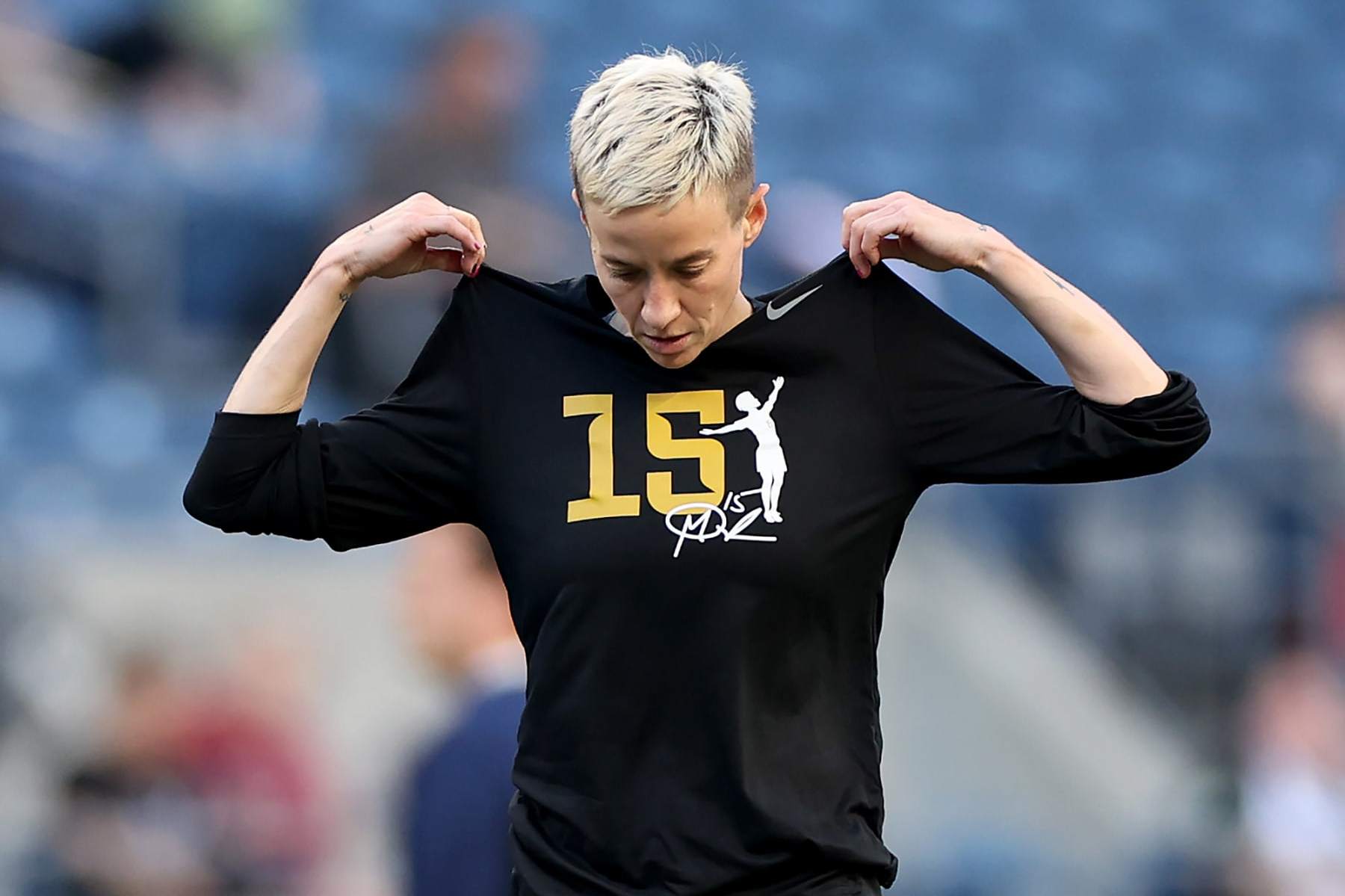 SEATTLE, WASHINGTON - OCTOBER 06: Megan Rapinoe #15 of OL Reign warms up during her last home regular-season NWSL match at Lumen Field on October 06, 2023 in Seattle, Washington. (Photo by Steph Chambers/Getty Images)