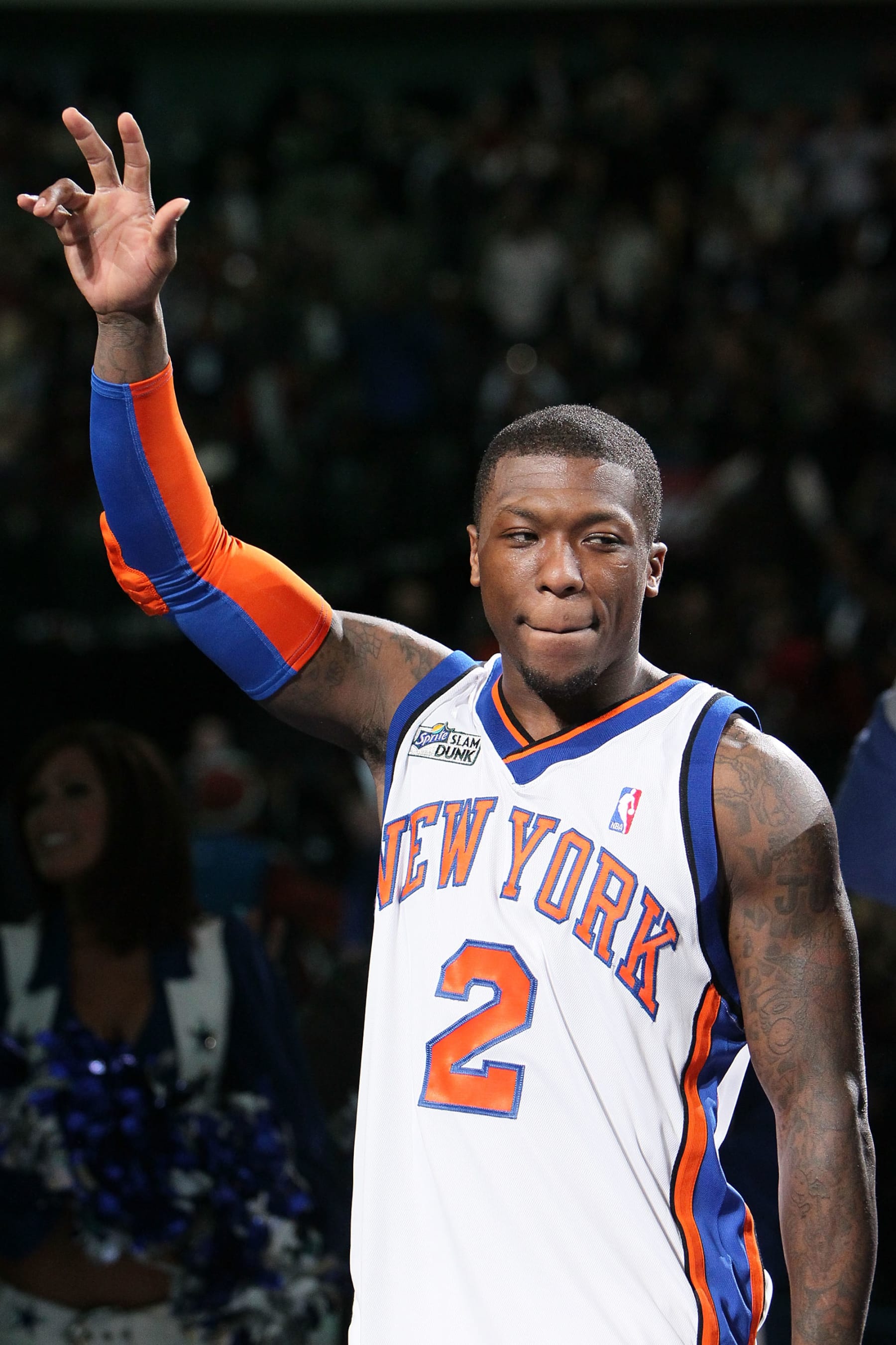 DALLAS - FEBRUARY 13: Nate Robinson #2 of the New York Knicks reacts during the trophy presentation after his third win during the Sprite Slam Dunk Contest on All-Star Saturday Night, part of 2010 NBA All-Star Weekend at American Airlines Center on February 13, 2010 in Dallas, Texas. NOTE TO USER: User expressly acknowledges and agrees that, by downloading and or using this photograph, User is consenting to the terms and conditions of the Getty Images License Agreement. (Photo by Jed Jacobsohn/Getty Images)