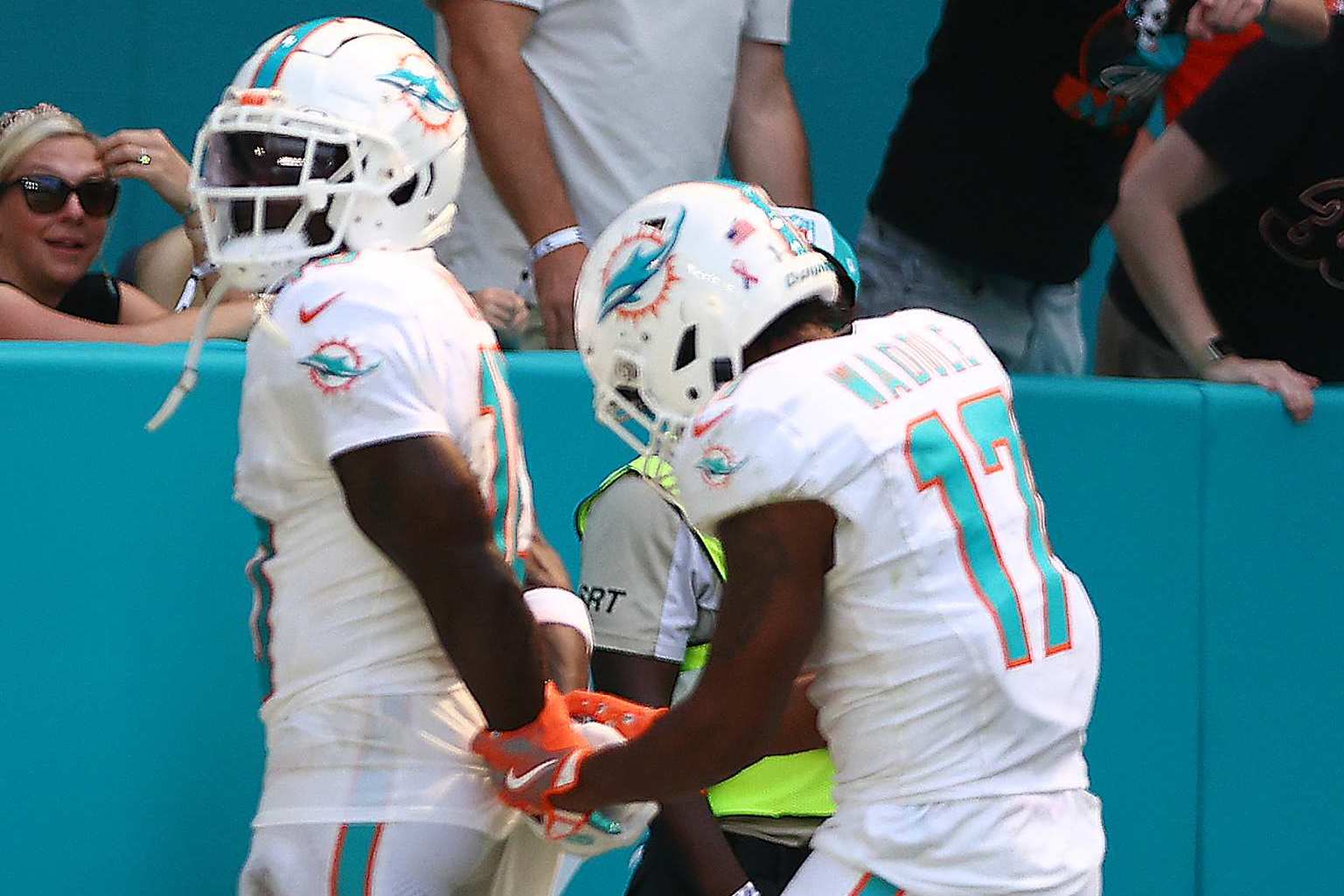 MIAMI GARDENS, FLORIDA - SEPTEMBER 08: Tyreek Hill #10 of the Miami Dolphins and Jaylen Waddle #17 of the Miami Dolphins celebrate after Hill's receiving touchdown during the third quarter against the Jacksonville Jaguars at Hard Rock Stadium on September 08, 2024 in Miami Gardens, Florida. (Photo by Megan Briggs/Getty Images)