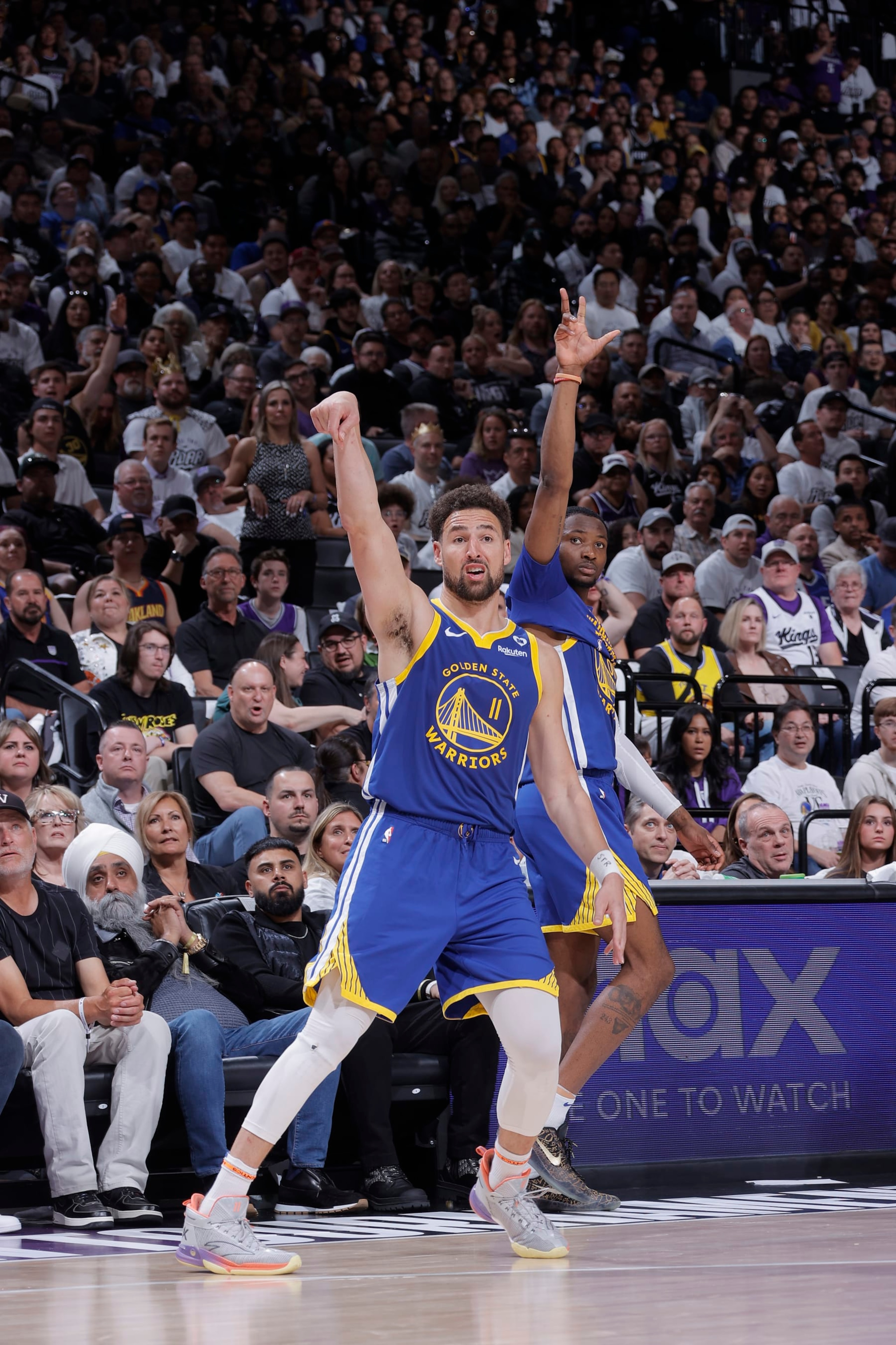 SACRAMENTO, CA - APRIL 16: Klay Thompson #11 of the Golden State Warriors holds his follow through during the game against the Sacramento Kings during the 2024 Play-In Tournament on April 16, 2024 at Golden 1 Center in Sacramento, California. NOTE TO USER: User expressly acknowledges and agrees that, by downloading and or using this photograph, User is consenting to the terms and conditions of the Getty Images Agreement. Mandatory Copyright Notice: Copyright 2024 NBAE (Photo by Rocky Widner/NBAE via Getty Images)