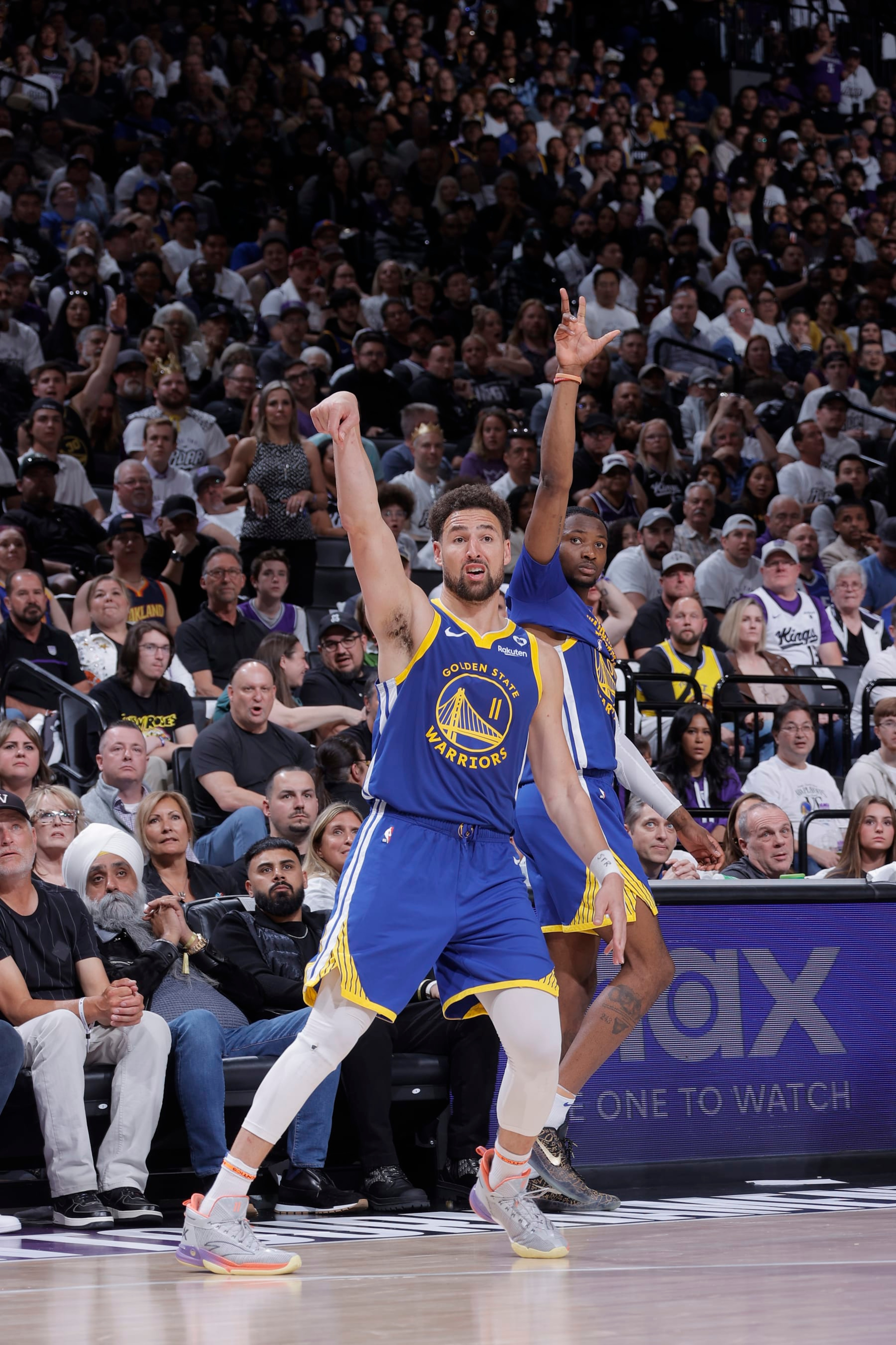 SACRAMENTO, CA - APRIL 16: Klay Thompson #11 of the Golden State Warriors holds his follow through during the game against the Sacramento Kings during the 2024 Play-In Tournament on April 16, 2024 at Golden 1 Center in Sacramento, California. NOTE TO USER: User expressly acknowledges and agrees that, by downloading and or using this photograph, User is consenting to the terms and conditions of the Getty Images Agreement. Mandatory Copyright Notice: Copyright 2024 NBAE (Photo by Rocky Widner/NBAE via Getty Images)