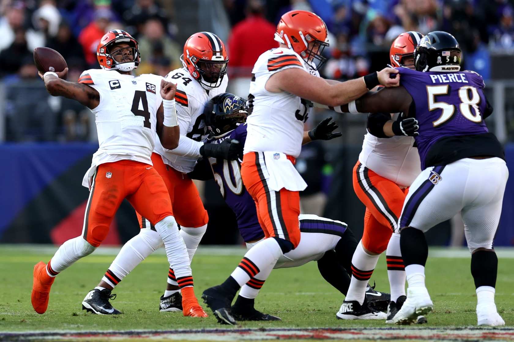 BALTIMORE, MARYLAND - NOVEMBER 12: Deshaun Watson #4 of the Cleveland Browns throws a pass against the Baltimore Ravens during the second quarter at M&T Bank Stadium on November 12, 2023 in Baltimore, Maryland. (Photo by Todd Olszewski/Getty Images) BALTIMORE, MARYLAND - NOVEMBER 12: Deshaun Watson #4 of the Cleveland Browns throws a pass against the Baltimore Ravens during the second quarter at M&T Bank Stadium on November 12, 2023 in Baltimore, Maryland. (Photo by Todd Olszewski/Getty Images)