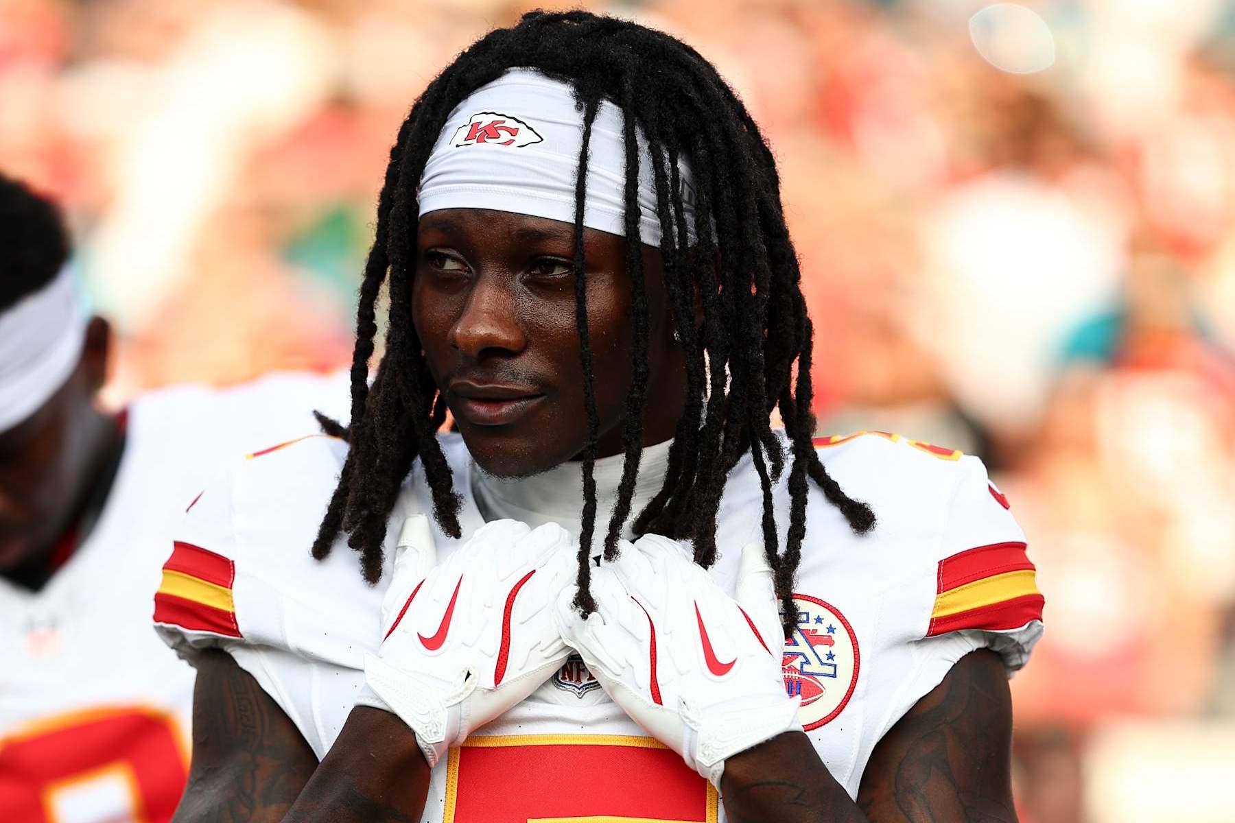 JACKSONVILLE, FL - AUGUST 10: Marquise Brown #5 of the Kansas City Chiefs stands on the sidelines prior to an NFL preseason football game against the Jacksonville Jaguars at EverBank Stadium on August 10, 2024 in Jacksonville, Florida. (Photo by Kevin Sabitus/Getty Images)