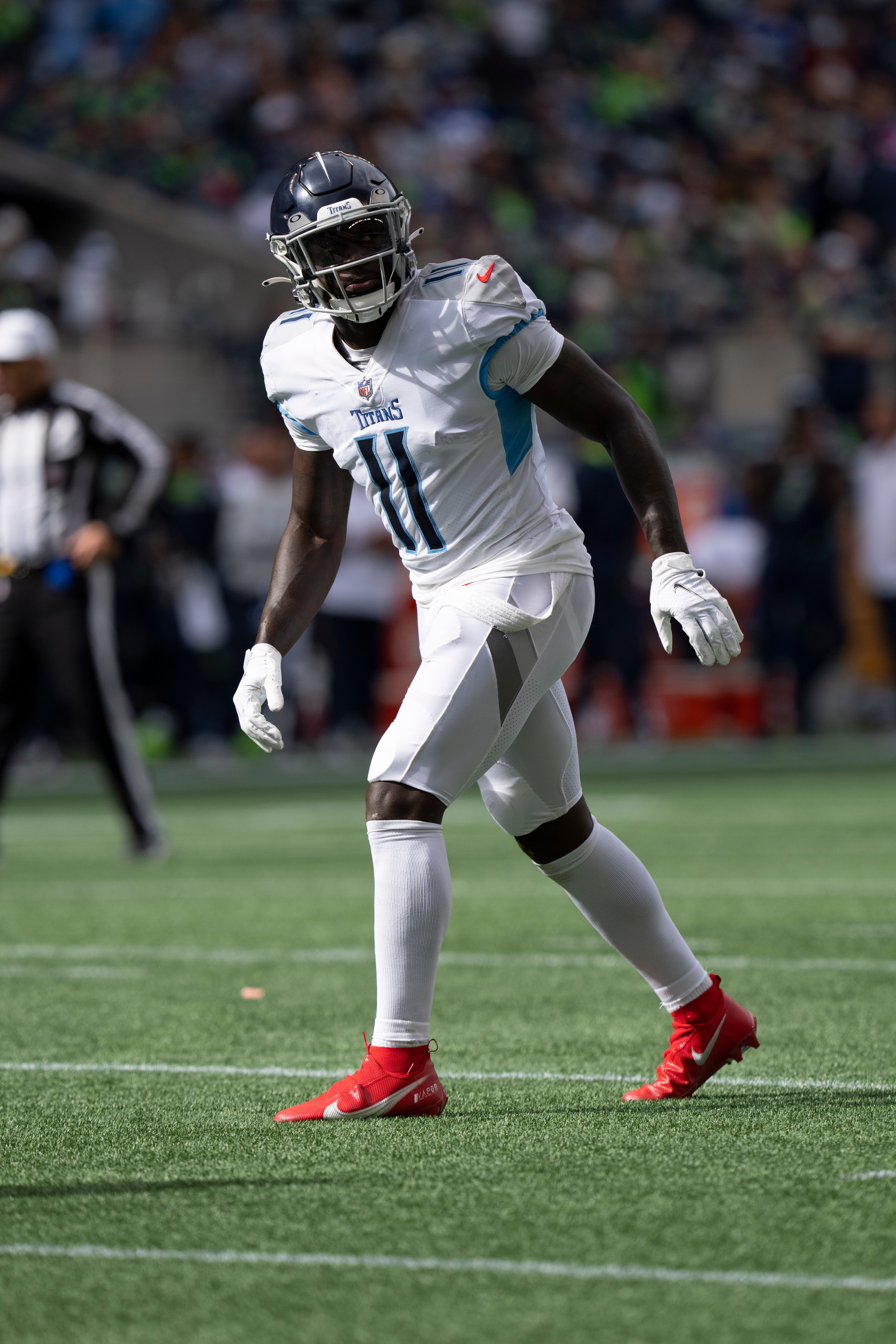 Tennessee Titans wide receiver A.J. Brown (11) during an NFL football game against the Seattle Seahawks, Sunday, Sept. 19, 2021, in Seattle. The Titans won 33-30 in overtime. (AP Photo/Ben VanHouten)