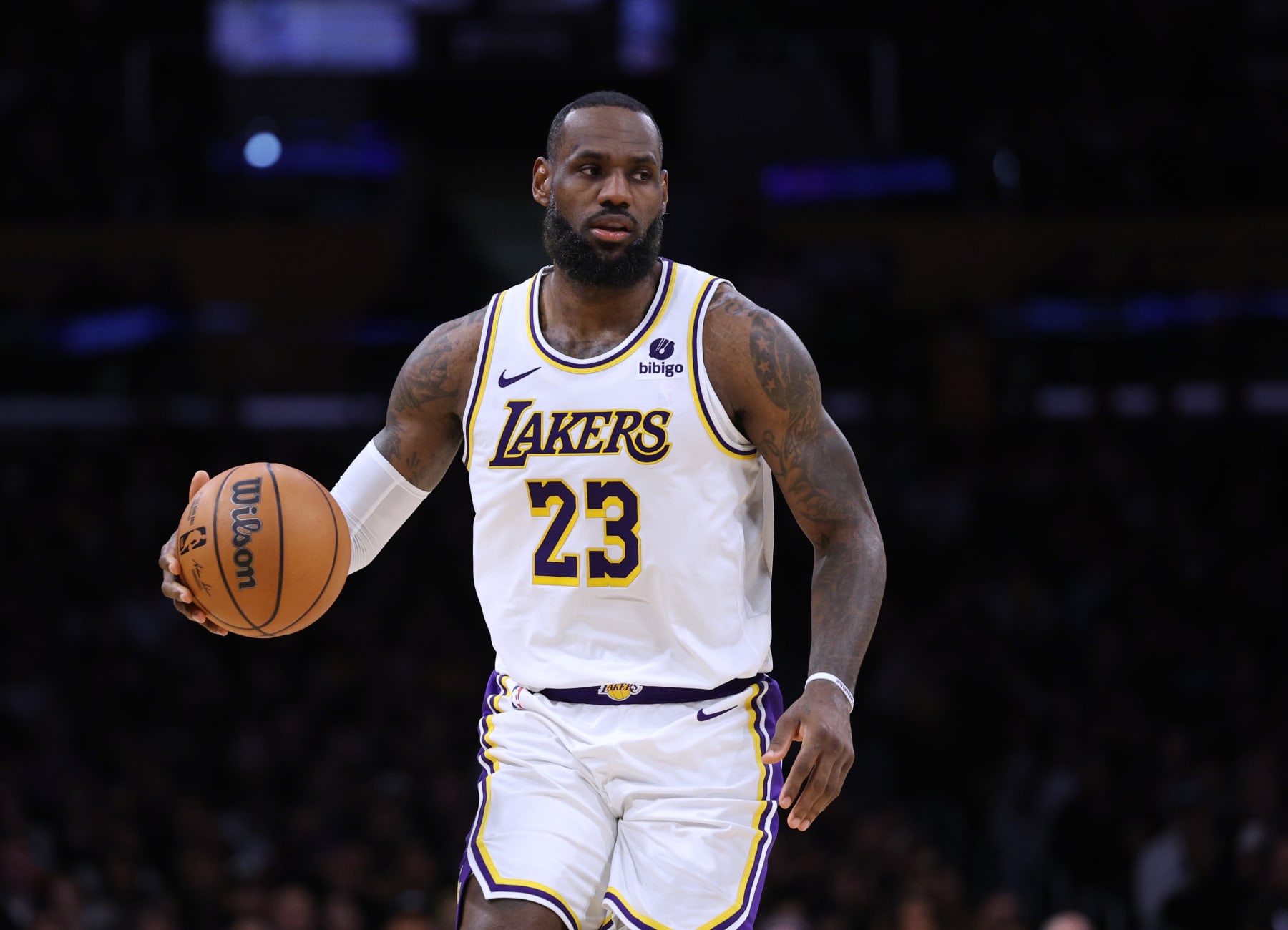 LOS ANGELES, CALIFORNIA - JANUARY 21: LeBron James #23 of the Los Angeles Lakers dribbles during a 134-110 Lakers win over the Portland Trail Blazers at Crypto.com Arena on January 21, 2024 in Los Angeles, California. User is consenting to the terms and conditions of the Getty Images License Agreement. (Photo by Harry How/Getty Images)