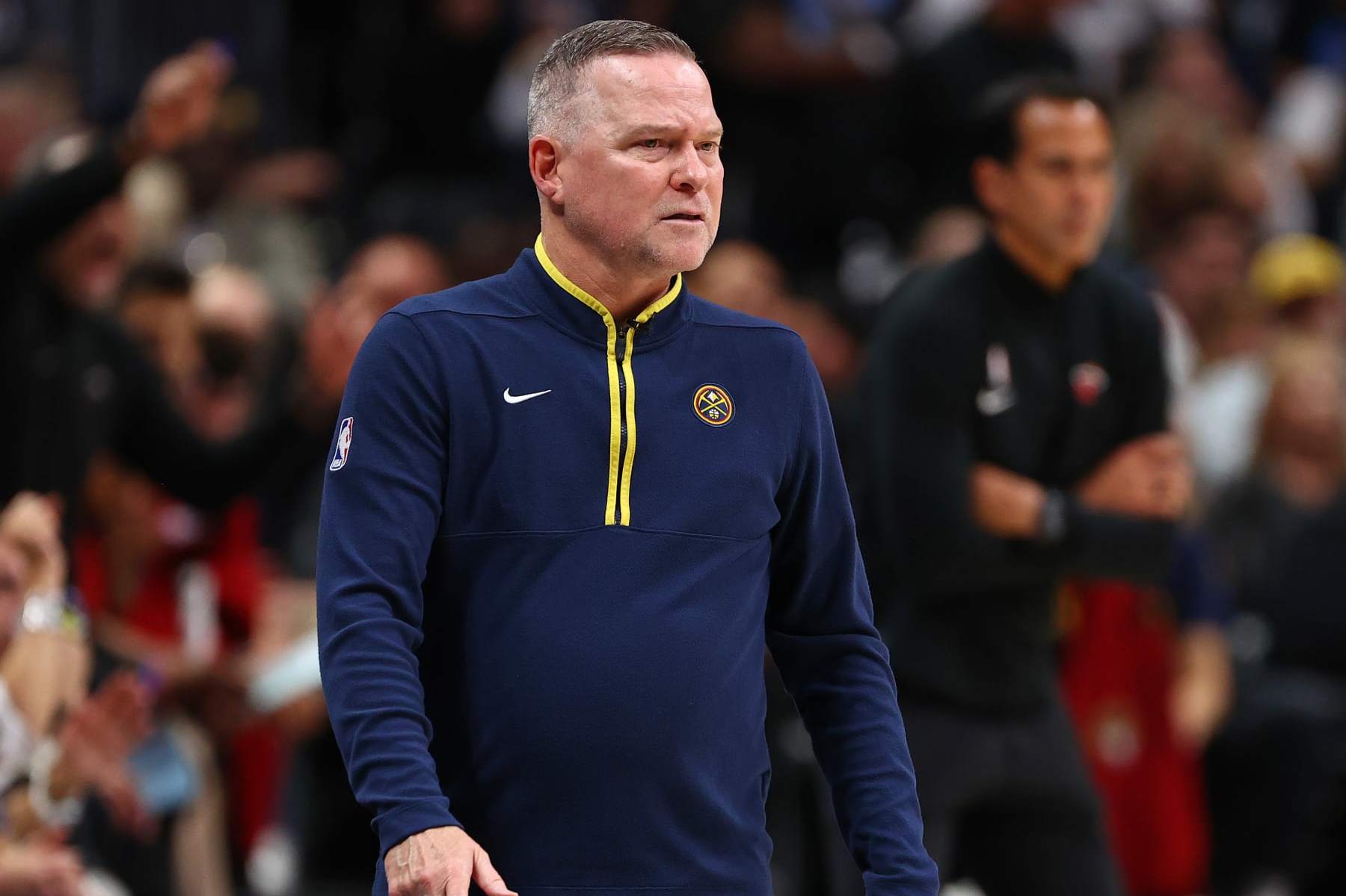 DENVER, CO - JUNE 12: Head Coach Michael Malone of the Denver Nuggets looks on during game 5 of the 2023 NBA Finals against the Miami Heat on June 12, 2023 at the Ball Arena in Denver, Colorado. NOTE TO USER: User expressly acknowledges and agrees that, by downloading and/or using this Photograph, user is consenting to the terms and conditions of the Getty Images License Agreement. Mandatory Copyright Notice: Copyright 2023 NBAE (Photo by Jamie Schwarberow/NBAE via Getty Images)