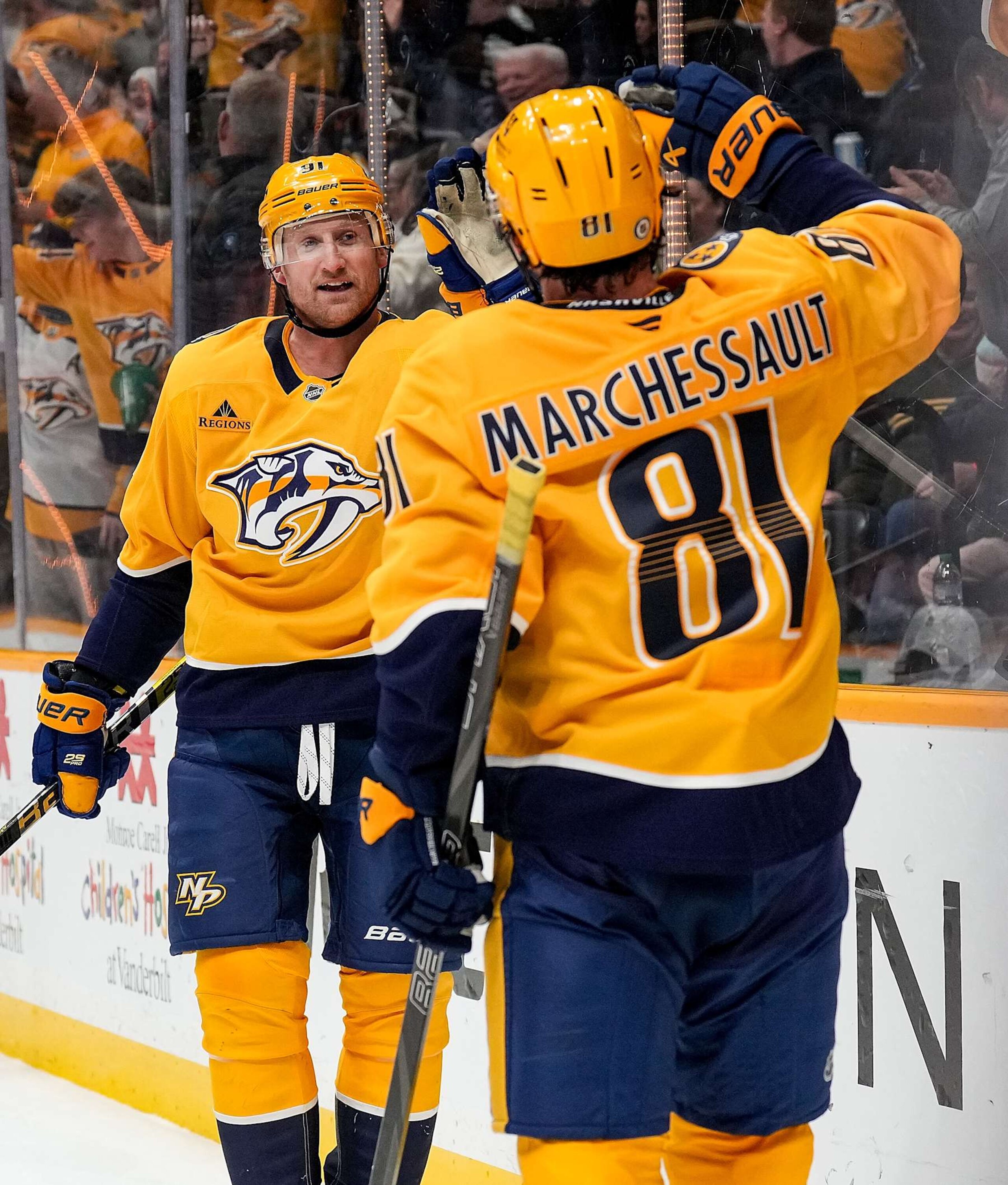 NASHVILLE, TENNESSEE - JANUARY 14: Steven Stamkos #91 celebrates his goal with Jonathan Marchessault #81 of the Nashville Predators against the Vegas Golden Knights during an NHL game at Bridgestone Arena on January 14, 2025 in Nashville, Tennessee. (Photo by John Russell/NHLI via Getty Images) NASHVILLE, TENNESSEE - JANUARY 14: Steven Stamkos #91 celebrates his goal with Jonathan Marchessault #81 of the Nashville Predators against the Vegas Golden Knights during an NHL game at Bridgestone Arena on January 14, 2025 in Nashville, Tennessee. (Photo by John Russell/NHLI via Getty Images)