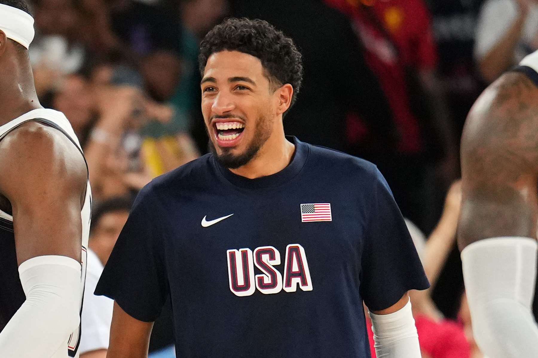 PARIS, FRANCE - AUGUST 8: Tyrese Haliburton #9 of the USA Men's National Team smiles after the game during the Men's Semi-Finals on August 8, 2024 at the AccorHotels Arena in Paris, France. NOTE TO USER: User expressly acknowledges and agrees that, by downloading and/or using this photograph, user is consenting to the terms and conditions of the Getty Images License Agreement. Mandatory Copyright Notice: Copyright 2024 NBAE (Photo by Jesse D. Garrabrant/NBAE via Getty Images)