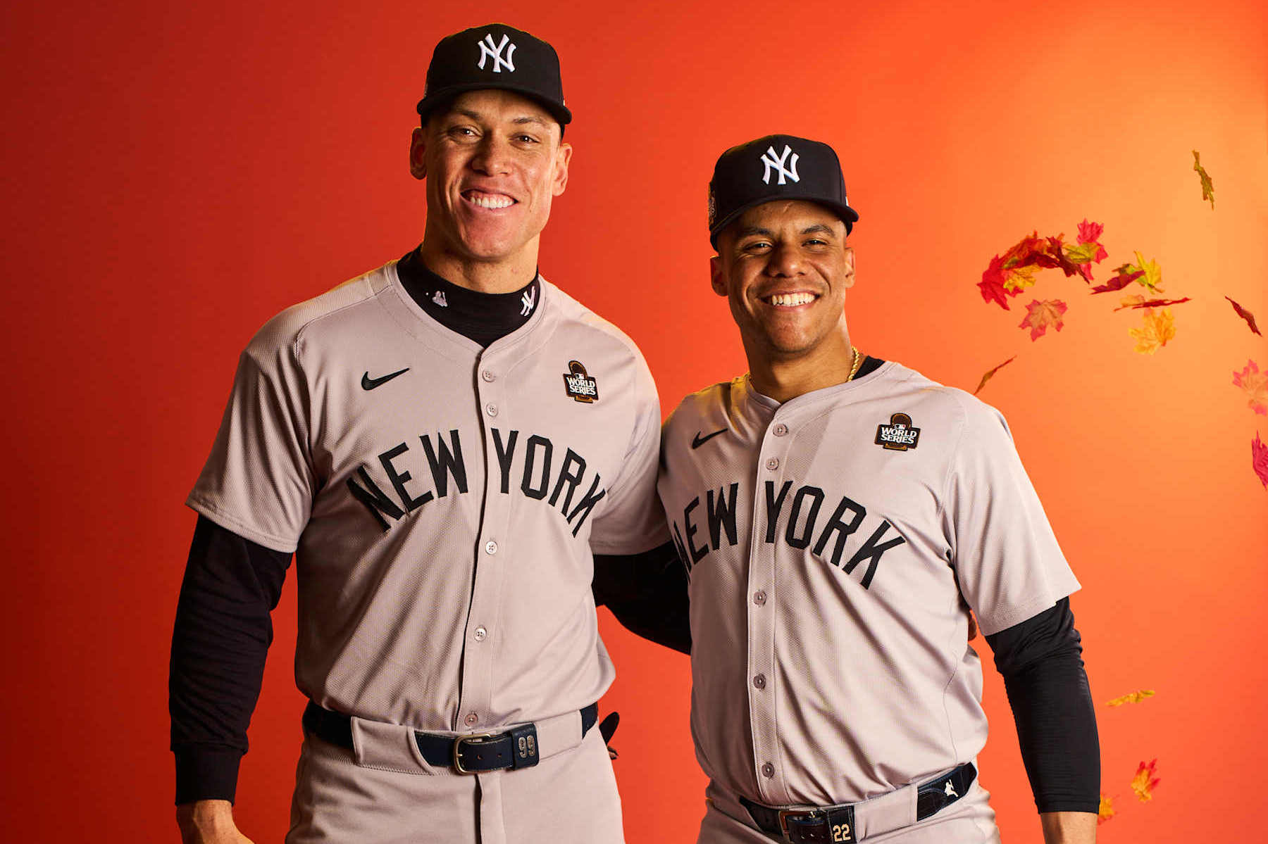 LOS ANGELES, CA - OCTOBER 24: Aaron Judge #99 and Juan Soto #22 of the New York Yankees pose for a photo during the workout day before the 2024 World Series at Dodger Stadium on Thursday, October 24, 2024 in Los Angeles, California. (Photo by Mary DeCicco/MLB Photos via Getty Images)