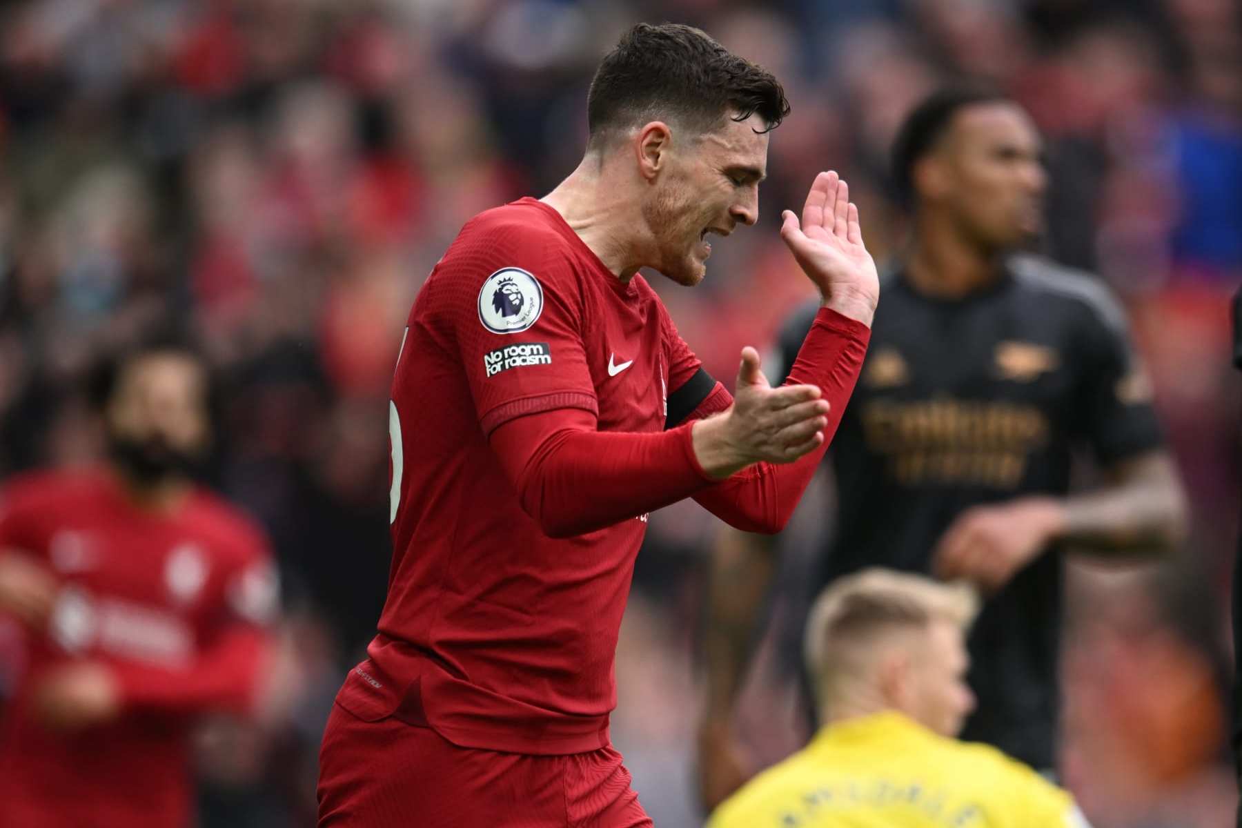 LIVERPOOL, ENGLAND - APRIL 09: ( THE SUN OUT,THE SUN ON SUNDAY OUT) Andy Robertson of Liverpool  during the Premier League match between Liverpool FC and Arsenal FC at Anfield on April 09, 2023 in Liverpool, England. (Photo by Andrew Powell/Liverpool FC via Getty Images)