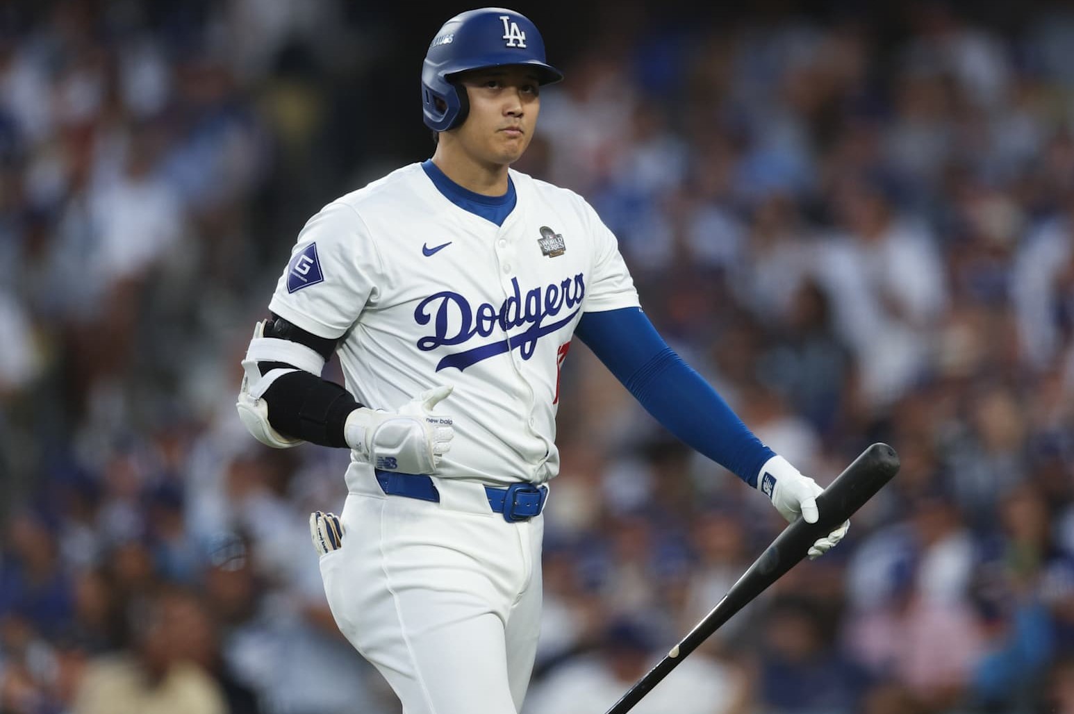 LOS ANGELES, CALIFORNIA - OCTOBER 25: Shohei Ohtani #17 of the Los Angeles Dodgers reacts after striking out in the third inning against the New York Yankees during Game One of the 2024 World Series at Dodger Stadium on October 25, 2024 in Los Angeles, California. (Photo by Harry How/Getty Images)