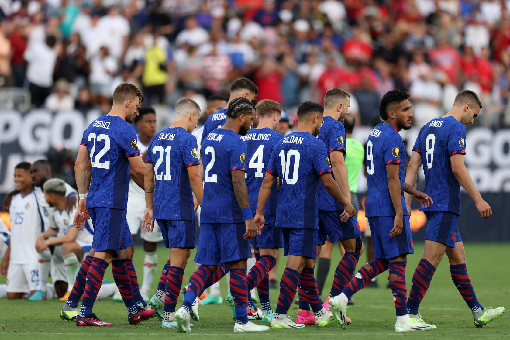 SAN DIEGO, CALIFORNIA - JULY 12: United States react to loosing the PK shootout against Panama during the 2023 Concacaf Gold Cup Semifinals at Snapdragon Stadium on July 12, 2023 in San Diego, California. (Photo by John Dorton/USSF/Getty Images for USSF)