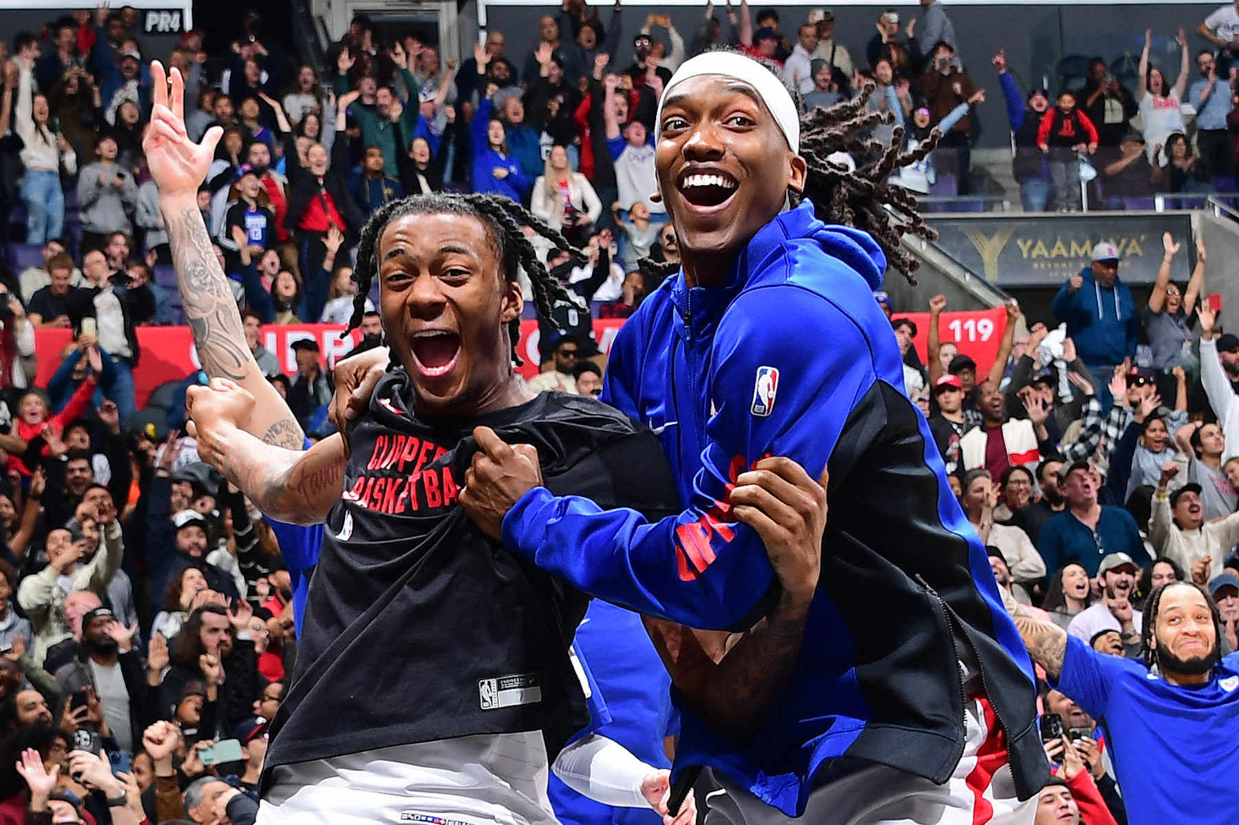 LOS ANGELES, CA - JANUARY 21: Terance Mann #14 and Bones Hyland #5 of the LA Clippers celebrate during the game against the Brooklyn Nets on January 21, 2024 at Crypto.Com Arena in Los Angeles, California. NOTE TO USER: User expressly acknowledges and agrees that, by downloading and/or using this Photograph, user is consenting to the terms and conditions of the Getty Images License Agreement. Mandatory Copyright Notice: Copyright 2024 NBAE (Photo by Adam Pantozzi/NBAE via Getty Images)