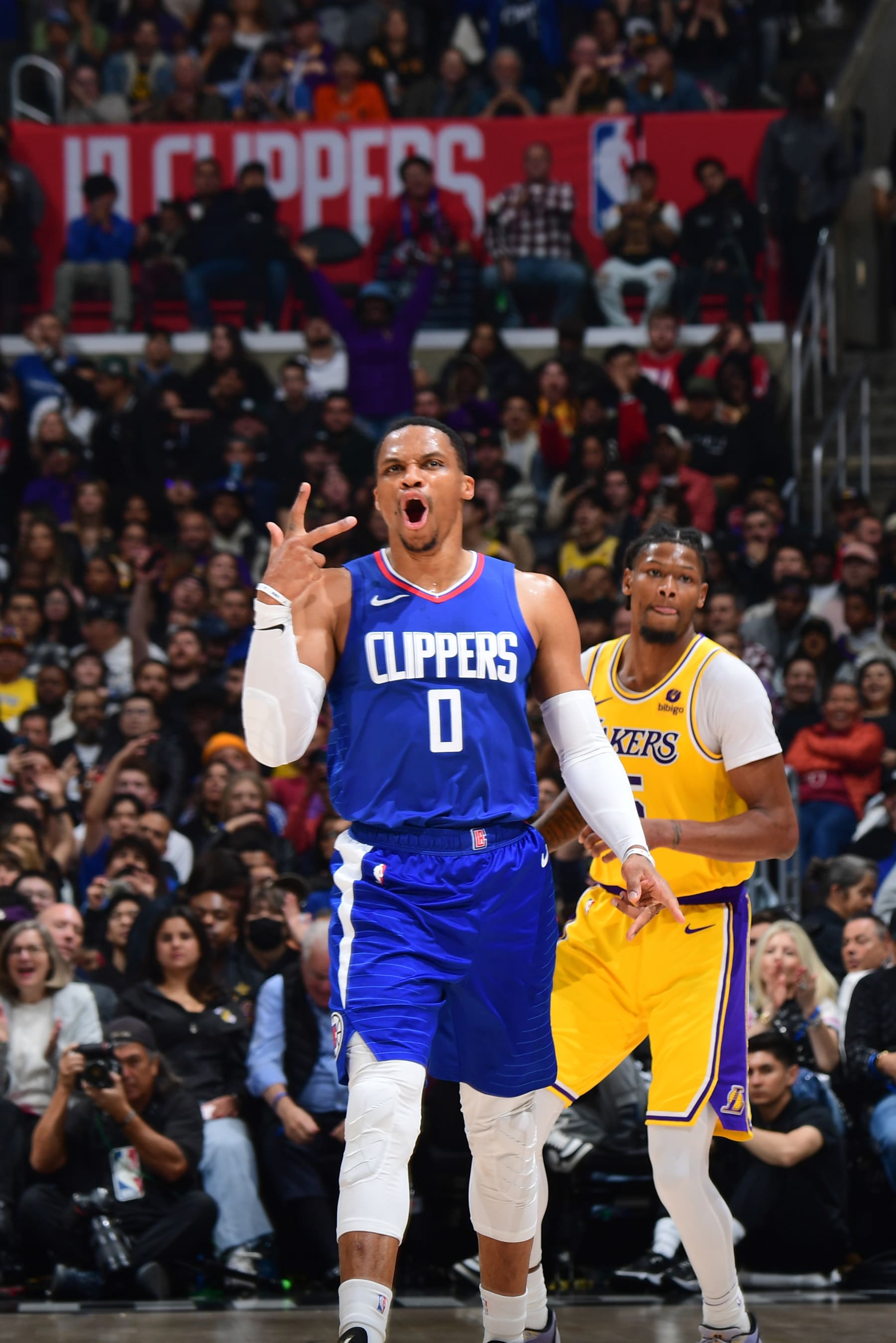 LOS ANGELES, CA - JANUARY 23: Russell Westbrook #0 of the LA Clippers celebrates during the game on January 23, 2024 at Crypto.Com Arena in Los Angeles, California. NOTE TO USER: User expressly acknowledges and agrees that, by downloading and/or using this Photograph, user is consenting to the terms and conditions of the Getty Images License Agreement. Mandatory Copyright Notice: Copyright 2024 NBAE (Photo by Adam Pantozzi/NBAE via Getty Images)