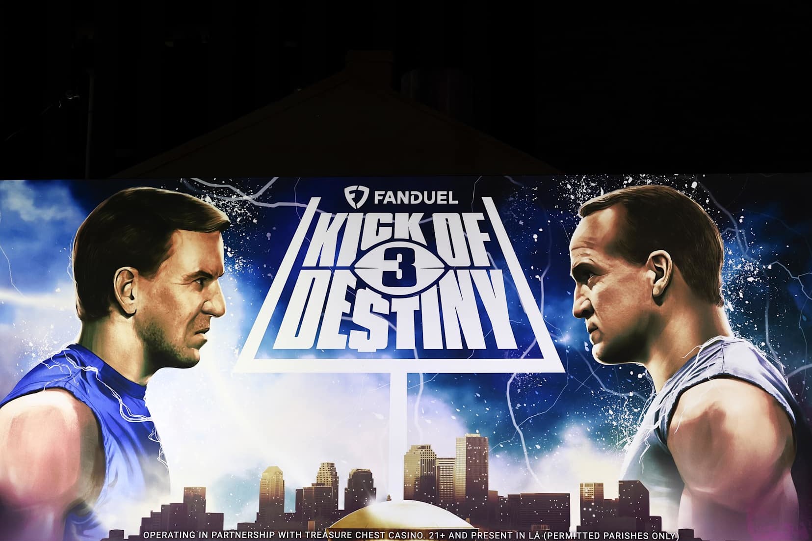 NEW ORLEANS, LOUISIANA - FEBRUARY 04: The FanDuel Kick of Destiny promotion with Eli and Peyton Manning on a billboard ahead of Super Bowl LIX between the Philadelphia Eagles and the Kansas City Chiefs on February 04, 2025 in New Orleans, Louisiana. (Photo by Aaron M. Sprecher/Getty Images)