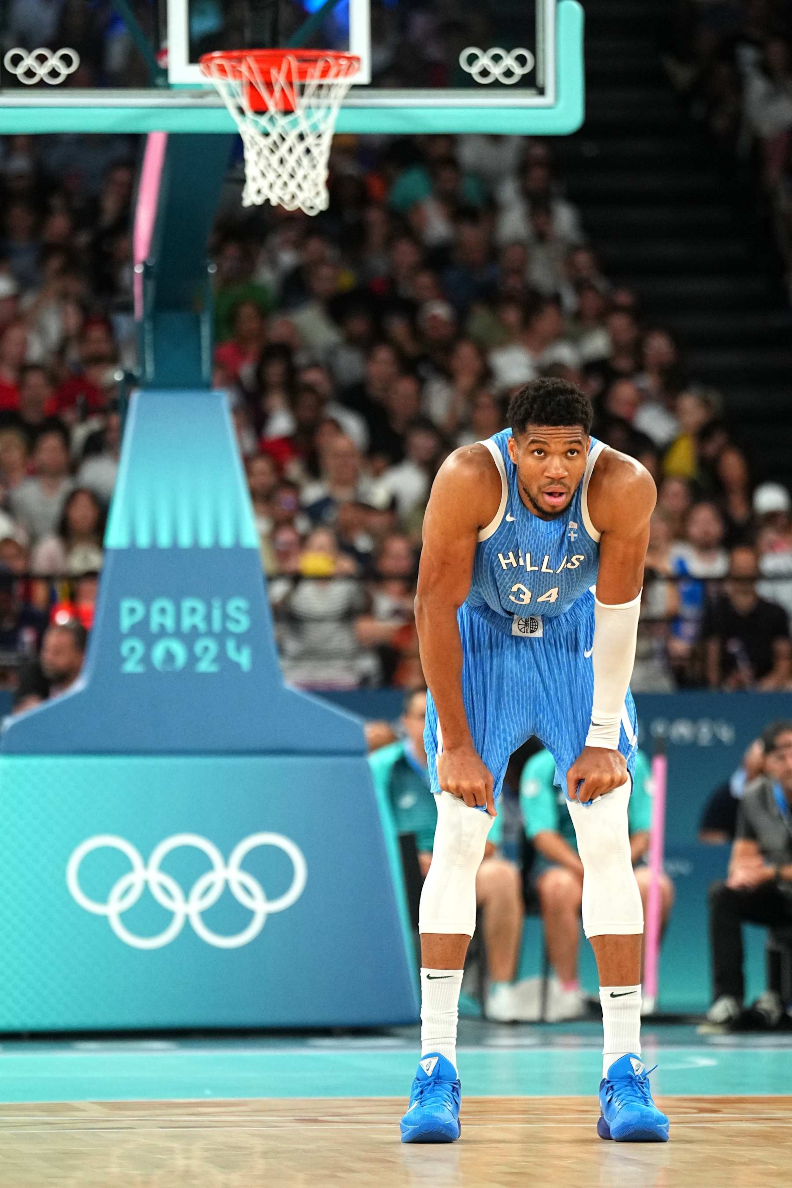 LILLE, FRANCE - AUGUST 6: Giannis Antetokounmpo #34 of the Greece Mens National Team looks on during the game against Team Germany on August 6, 2024 at the Stade Pierre Mauroy in Paris, France. NOTE TO USER: User expressly acknowledges and agrees that, by downloading and/or using this photograph, user is consenting to the terms and conditions of the Getty Images License Agreement. Mandatory Copyright Notice: Copyright 2024 NBAE (Photo by Garrett Ellwood/NBAE via Getty Images)