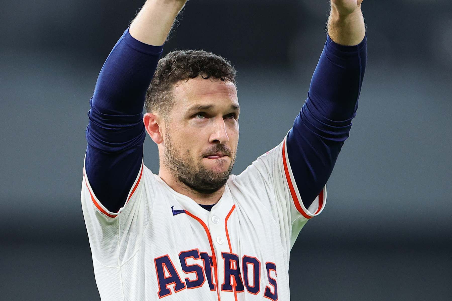 HOUSTON, TEXAS - OCTOBER 01: Alex Bregman #2 of the Houston Astros waves to fans prior to playing the Detroit Tigers in Game One of the Wild Card Series at Minute Maid Park on October 01, 2024 in Houston, Texas. (Photo by Alex Slitz/Getty Images)