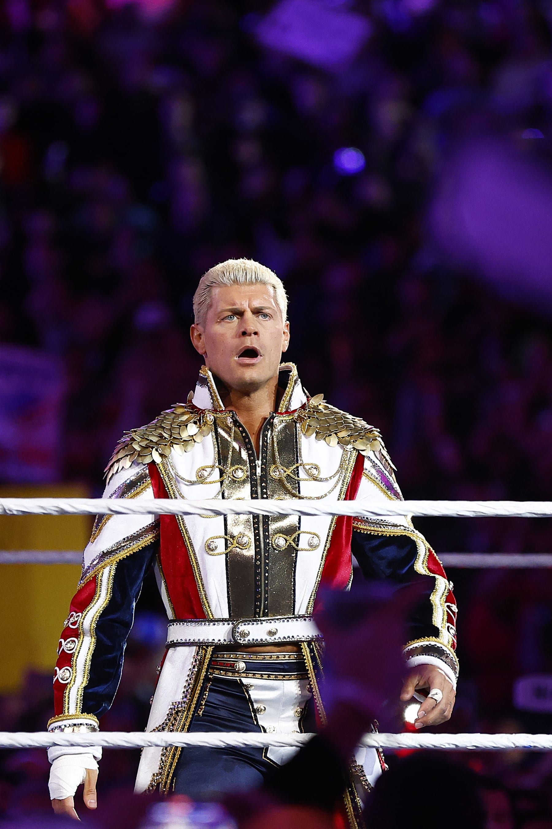 INGLEWOOD, CALIFORNIA - APRIL 02: (L-R) Cody Rhodes battles Roman Reigns for Undisputed WWE Universal Title Match throughout WrestleMania Goes Hollywood at SoFi Stadium on April 02, 2023 in Inglewood, California. (Photo by Ronald Martinez/Getty Images)