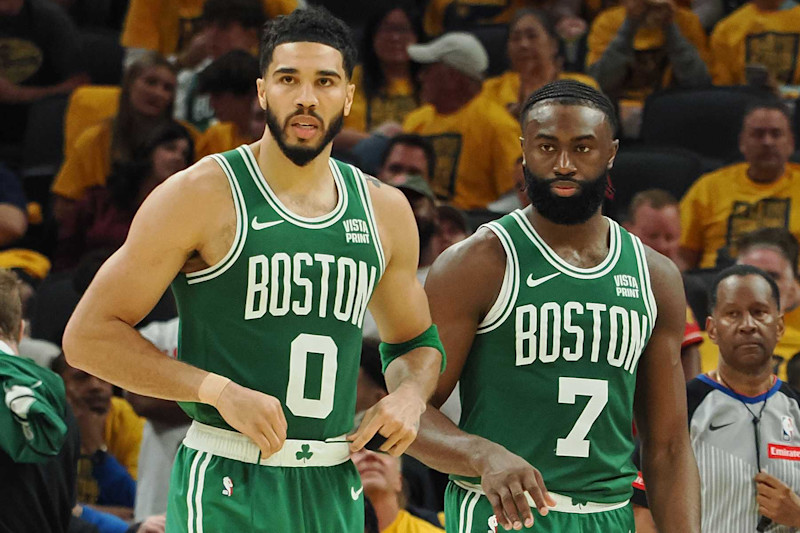 INDIANAPOLIS, IN - MAY 27: Jayson Tatum #0 and Jaylen Brown #7 of the Boston Celtics looks on during the game against the Indiana Pacers during Game 4 of the Eastern Conference Finals of the 2024 NBA Playoffs on May 27, 2024 at Gainbridge Fieldhouse in Indianapolis, Indiana. NOTE TO USER: User expressly acknowledges and agrees that, by downloading and or using this Photograph, user is consenting to the terms and conditions of the Getty Images License Agreement. Mandatory Copyright Notice: Copyright 2024 NBAE (Photo by Ron Hoskins/NBAE via Getty Images)