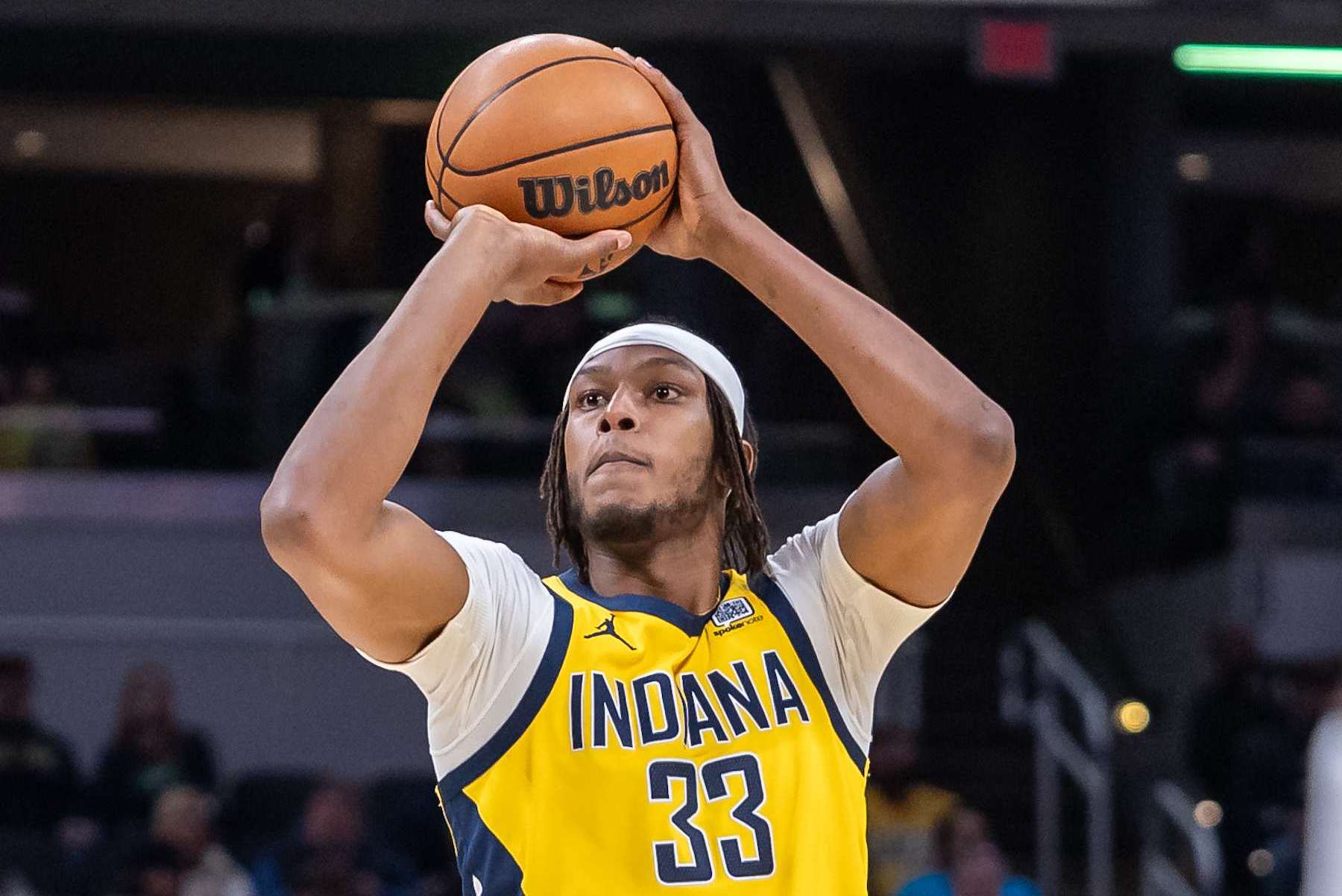INDIANAPOLIS, INDIANA - JANUARY 18: Myles Turner #33 of the Indiana Pacers shoots the ball during the game against the Philadelphia 76ers at Gainbridge Fieldhouse on January 18, 2025 in Indianapolis, Indiana. NOTE TO USER: User expressly acknowledges and agrees that, by downloading and or using this photograph, User is consenting to the terms and conditions of the Getty Images License Agreement.  (Photo by Michael Hickey/Getty Images)