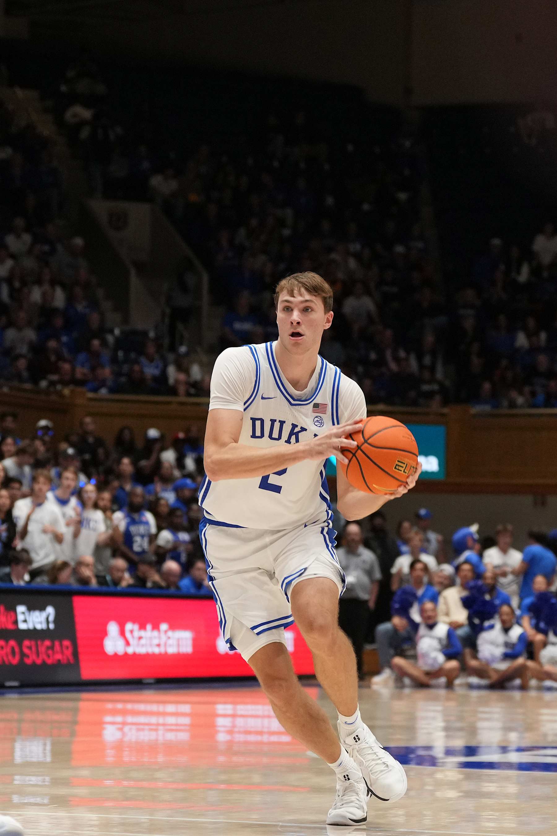 DURHAM, NORTH CAROLINA - OCTOBER 27: Cooper Flagg #2 of the Duke Blue Devils moves the ball against the Arizona State Sun Devils during the game at Cameron Indoor Stadium on October 27, 2024 in Durham, North Carolina. The Blue Devils won 103-47. (Photo by Grant Halverson/Getty Images)