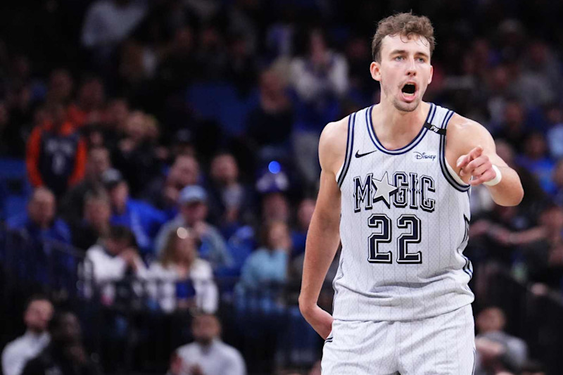 ORLANDO, FLORIDA - NOVEMBER 23: Franz Wagner #22 of the Orlando Magic reacts during the third quarter against the Detroit Pistons at Kia Center on November 23, 2024 in Orlando, Florida. NOTE TO USER: User expressly acknowledges and agrees that, by downloading and/or using this photograph, user is consenting to the terms and conditions of the Getty Images License Agreement. (Photo by Rich Storry/Getty Images)
