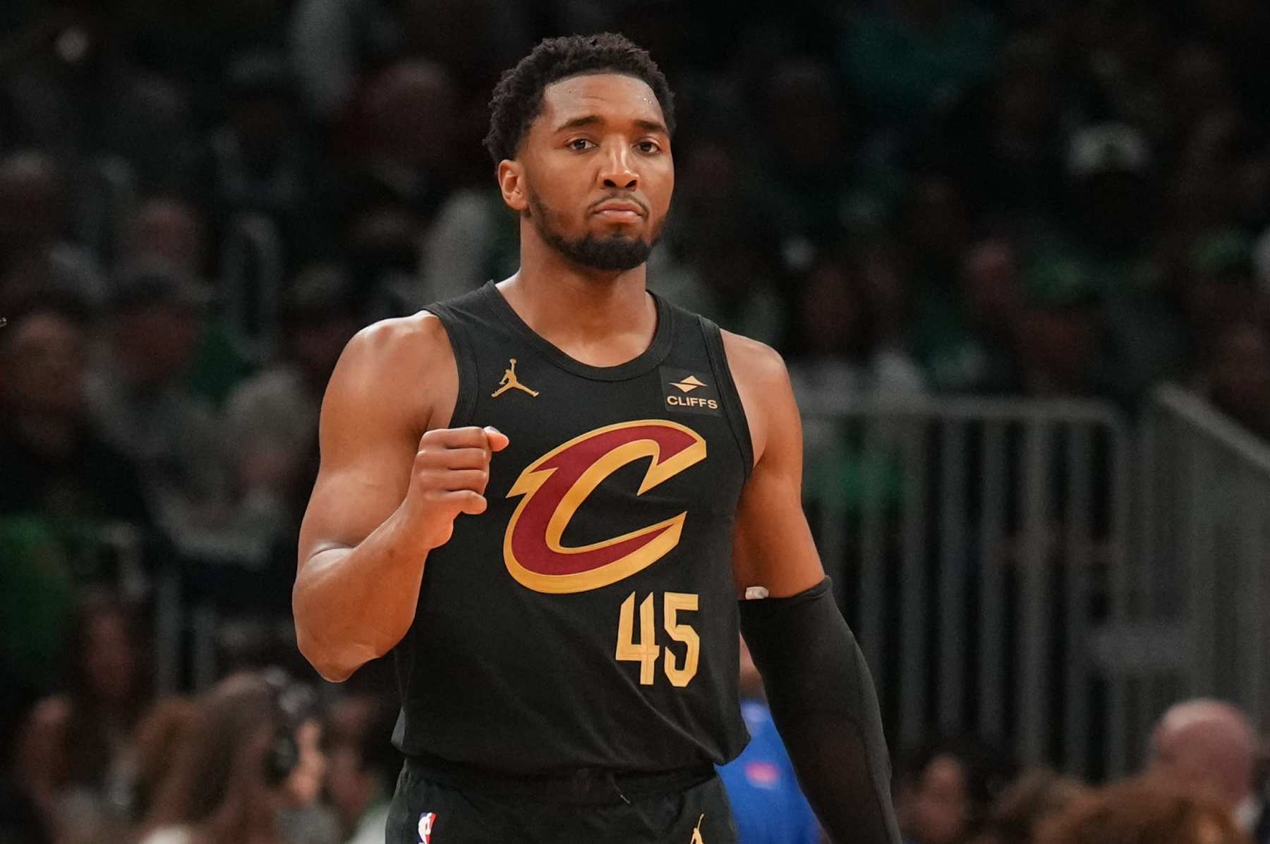 BOSTON, MA - MAY 9: Donovan Mitchell #45 of the Cleveland Cavaliers celebrates during the game against the Boston Celtics during Round 2 Game 2 of the 2024 NBA Playoffs on May 9, 2024 at the TD Garden in Boston, Massachusetts. NOTE TO USER: User expressly acknowledges and agrees that, by downloading and or using this photograph, User is consenting to the terms and conditions of the Getty Images License Agreement. Mandatory Copyright Notice: Copyright 2024 NBAE  (Photo by Jesse D. Garrabrant/NBAE via Getty Images)