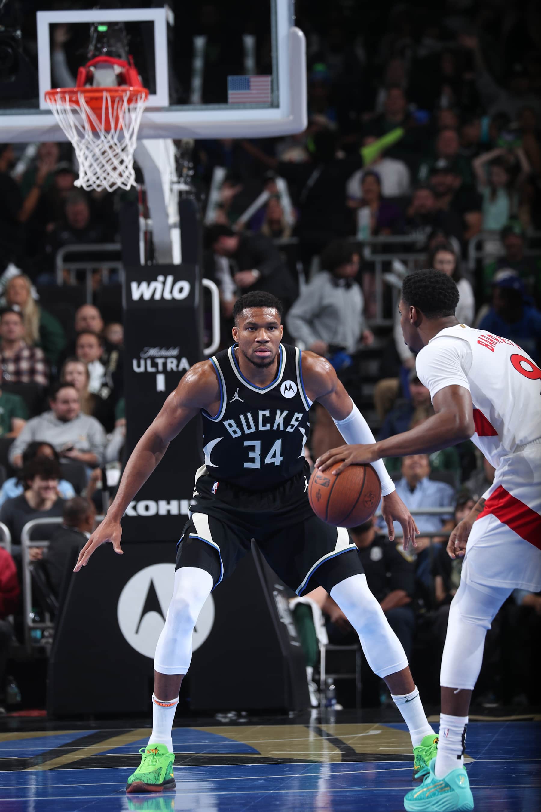 MILWAUKEE, WI - NOVEMBER 12:  Giannis Antetokounmpo #34 of the Milwaukee Bucks plays defense during the game against the Toronto Raptors  during the Emirates NBA Cup game on November 12, 2024 at Fiserv Forum Center in Milwaukee, Wisconsin. NOTE TO USER: User expressly acknowledges and agrees that, by downloading and or using this Photograph, user is consenting to the terms and conditions of the Getty Images License Agreement. Mandatory Copyright Notice: Copyright 2024 NBAE (Photo by Gary Dineen/NBAE via Getty Images).