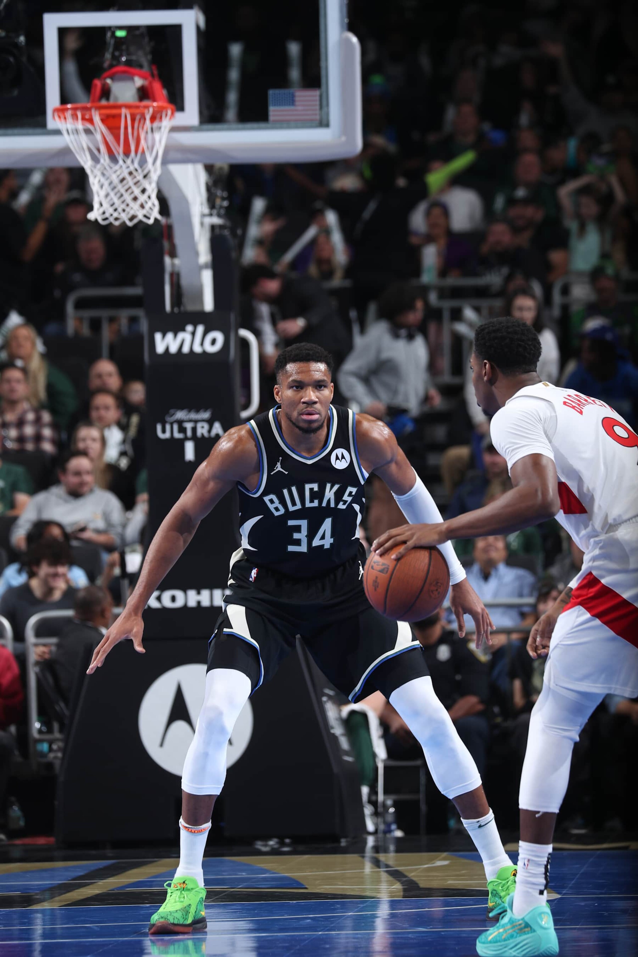 MILWAUKEE, WI - NOVEMBER 12:  Giannis Antetokounmpo #34 of the Milwaukee Bucks plays defense during the game against the Toronto Raptors  during the Emirates NBA Cup game on November 12, 2024 at Fiserv Forum Center in Milwaukee, Wisconsin. NOTE TO USER: User expressly acknowledges and agrees that, by downloading and or using this Photograph, user is consenting to the terms and conditions of the Getty Images License Agreement. Mandatory Copyright Notice: Copyright 2024 NBAE (Photo by Gary Dineen/NBAE via Getty Images).