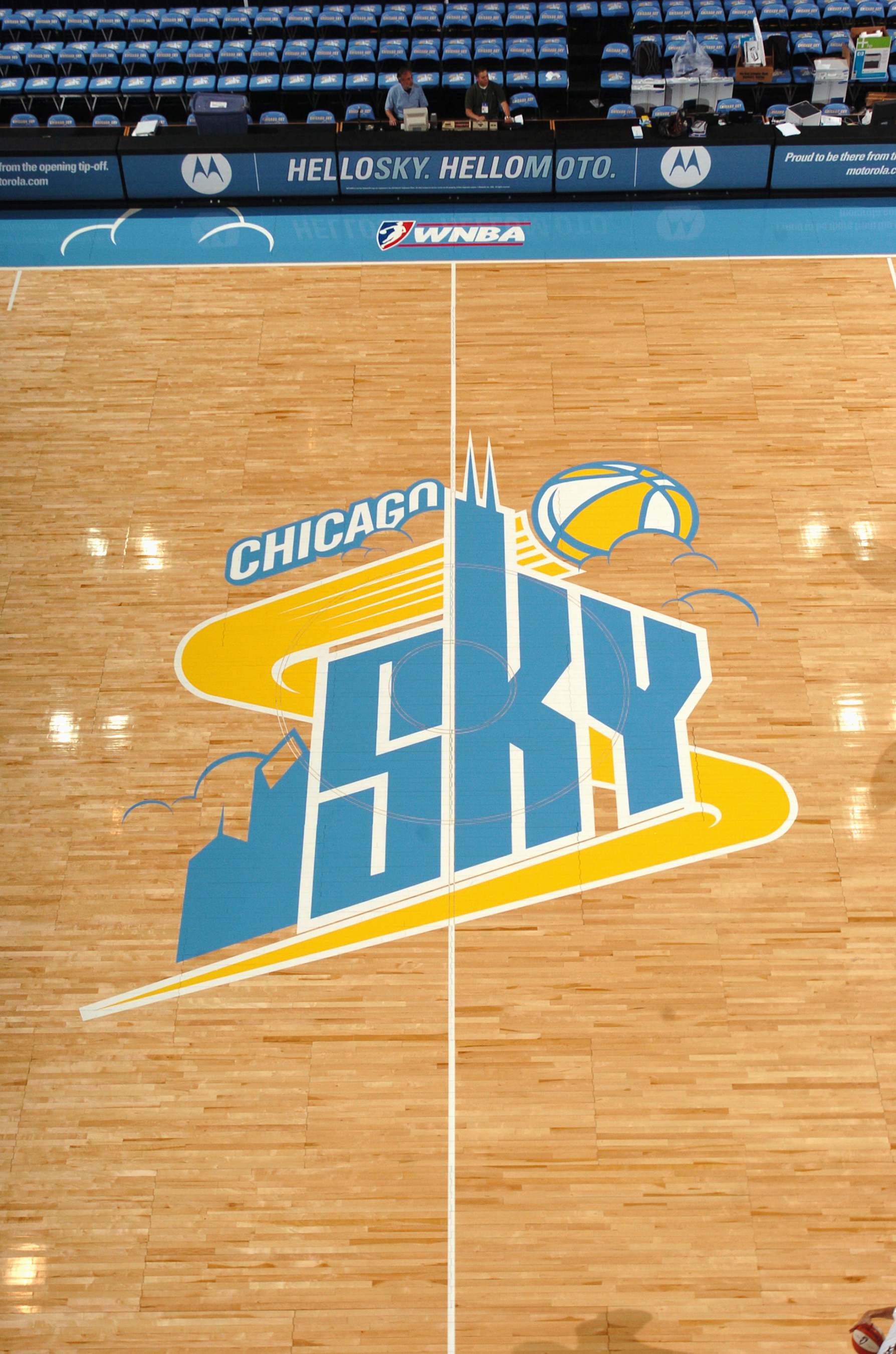 CHICAGO - MAY 9: General view of the Chicago Sky logo at center court prior to a WNBA preseason game between the Chicago Sky and the Los Angeles Sparks at the UIC Pavilion on the University of Illinois campus on May 9, 2006 in Chicago, Illinois. The Sky defeated the Sparks 78-73. NOTE TO USER: User expressly acknowledges and agrees that, by downloading and/or using this photograph, user is consenting to the terms and conditions of the Getty Images License Agreement. Mandatory Copyright Notice: Copyright 2006 NBAE (Photo by Warren Skalski/NBAE via Getty Images)
