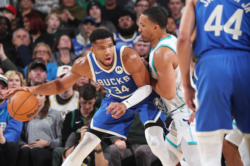 MILWAUKEE, WI - NOVEMBER 23: Giannis Antetokounmpo #34 of the Milwaukee Bucks dribbles the ball during the game against the Charlotte Hornets on November 23, 2024 at the Fiserv Forum Center in Milwaukee, Wisconsin. NOTE TO USER: User expressly acknowledges and agrees that, by downloading and or using this Photograph, user is consenting to the terms and conditions of the Getty Images License Agreement. Mandatory Copyright Notice: Copyright 2024 NBAE (Photo by Gary Dineen/NBAE via Getty Images).