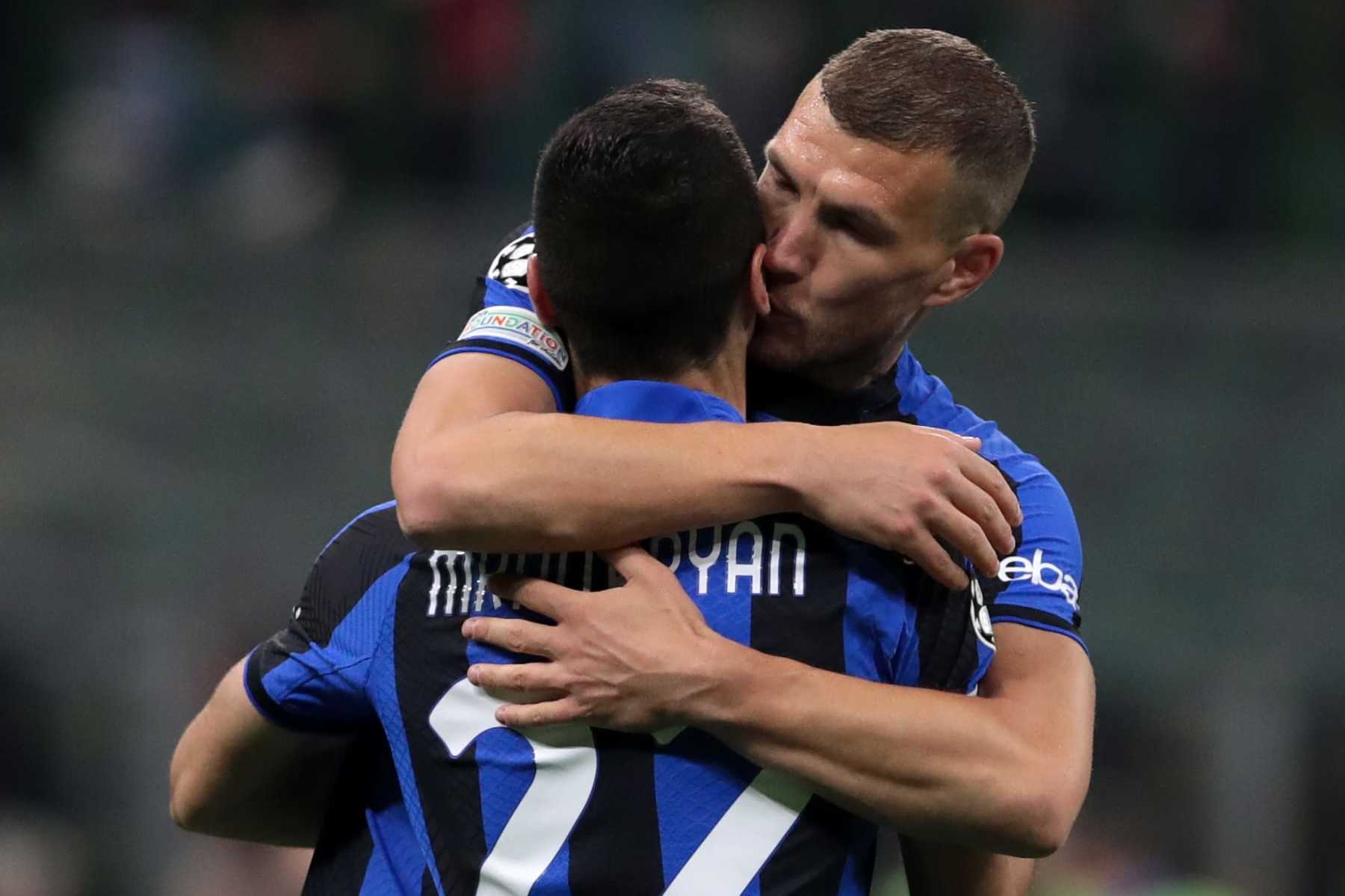 MILAN, ITALY - MAY 10: Henrikh Mkhitaryan of FC Internazionale celebrates after scoring his team's second goal with teammate Edin Dzeko during the UEFA Champions League semi-final first leg match between AC Milan and FC Internazionale at San Siro on May 10, 2023 in Milan, Italy. (Photo by Emilio Andreoli - Inter/Inter via Getty Images)