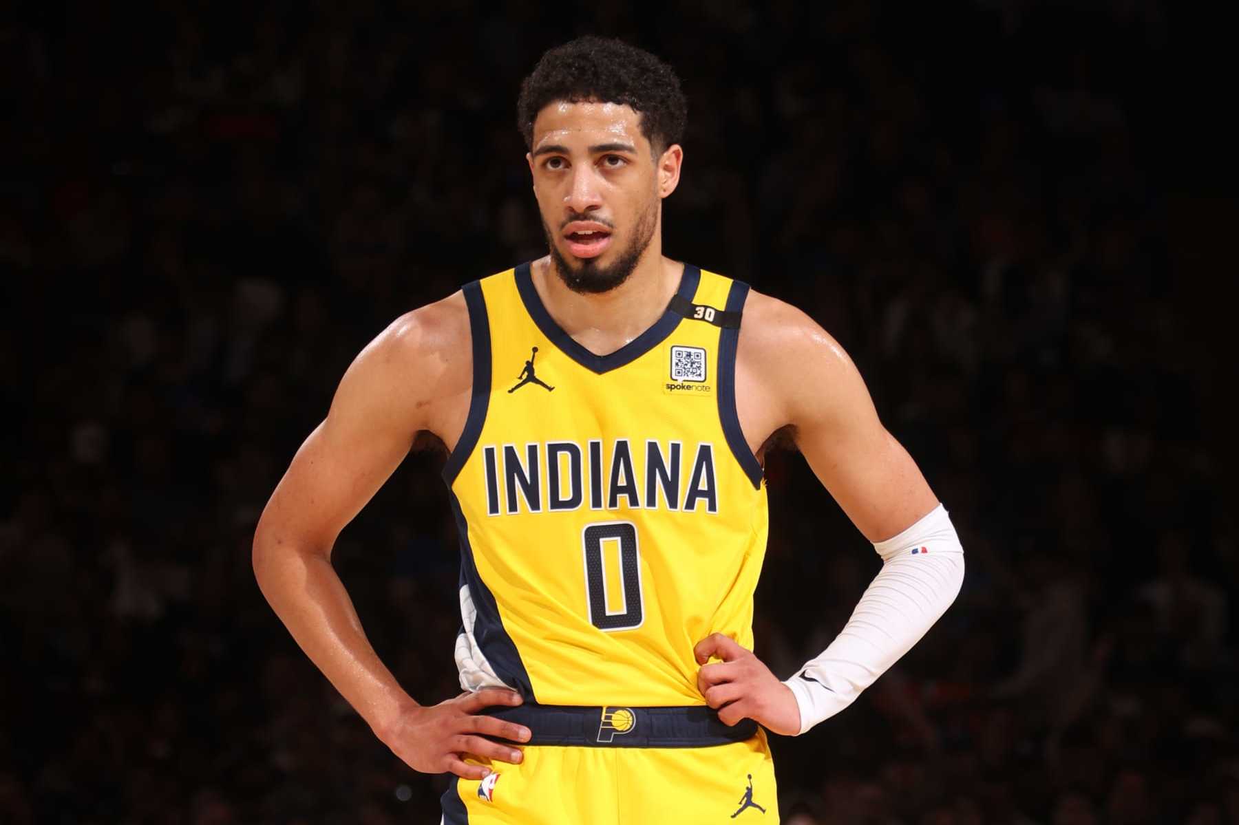 NEW YORK, NY - MAY 19: Tyrese Haliburton #0 of the Indiana Pacers looks on during the game against the New York Knicks during Round 2 Game 7 of the 2024 NBA Playoffs on May 19, 2024 at Madison Square Garden in New York City, New York.  NOTE TO USER: User expressly acknowledges and agrees that, by downloading and or using this photograph, User is consenting to the terms and conditions of the Getty Images License Agreement. Mandatory Copyright Notice: Copyright 2024 NBAE  (Photo by Nathaniel S. Butler/NBAE via Getty Images)