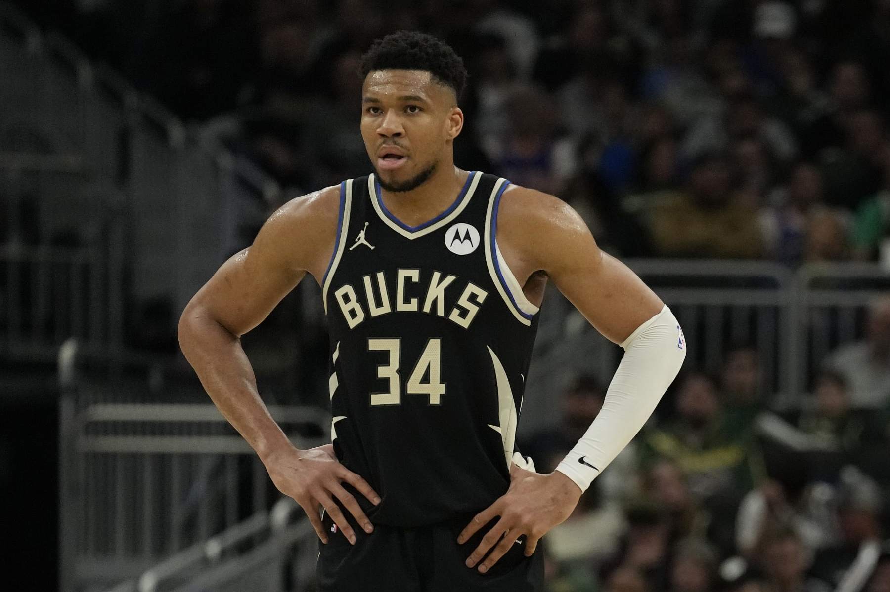 MILWAUKEE, WISCONSIN - APRIL 07: Giannis Antetokounmpo #34 of the Milwaukee Bucks looks on during the first half against the New York Knicks at Fiserv Forum on April 07, 2024 in Milwaukee, Wisconsin. NOTE TO USER: User expressly acknowledges and agrees that, by downloading and or using this photograph, User is consenting to the terms and conditions of the Getty Images License Agreement. (Photo by Patrick McDermott/Getty Images)