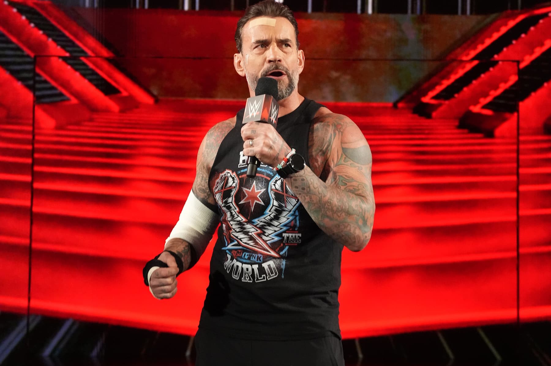 ST LOUIS, MISSOURI - OCTOBER 07: CM Punk addresses the crowd during Monday Night RAW at Enterprise Center on October 7, 2024 in St Louis, Missouri. (Photo by WWE/Getty Images)